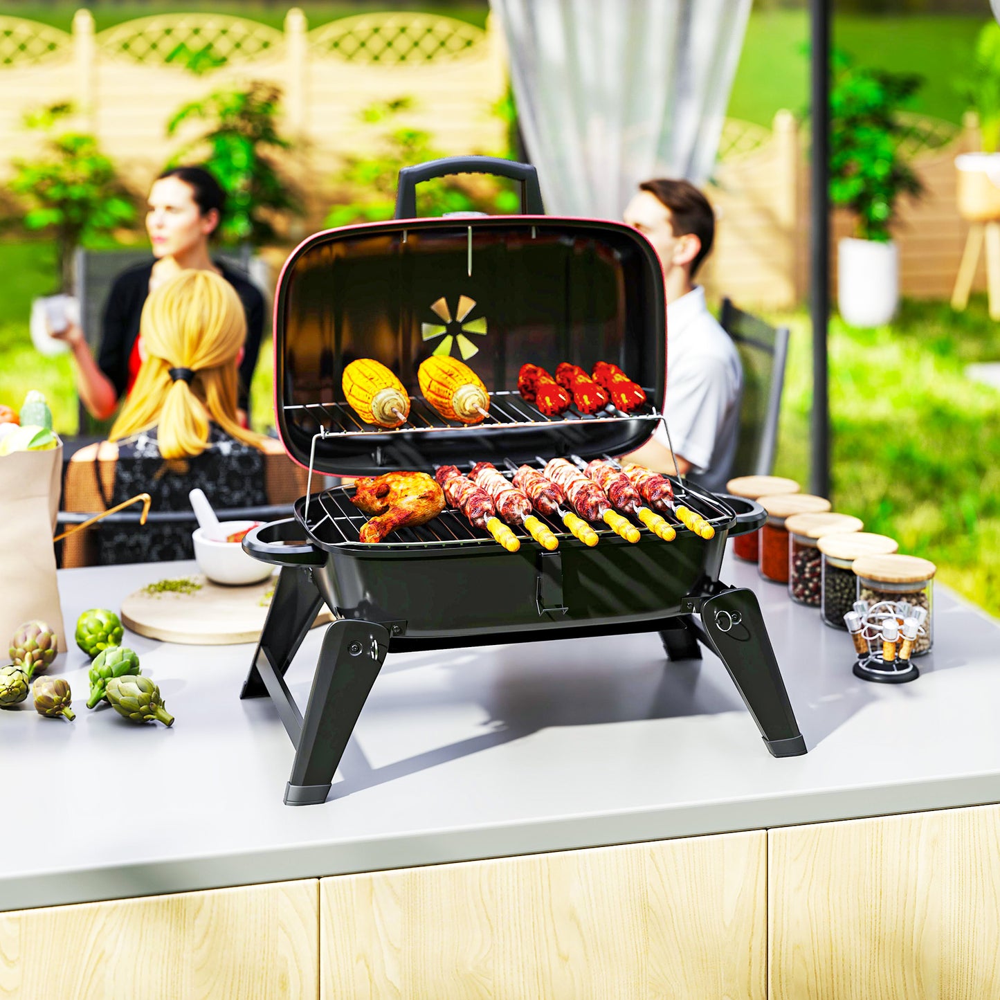 Outsunny Charcoal Folding Barbecue Grill With 1232 CM2 Cooking Area Adjustable Vent Thermometer And Handles Red