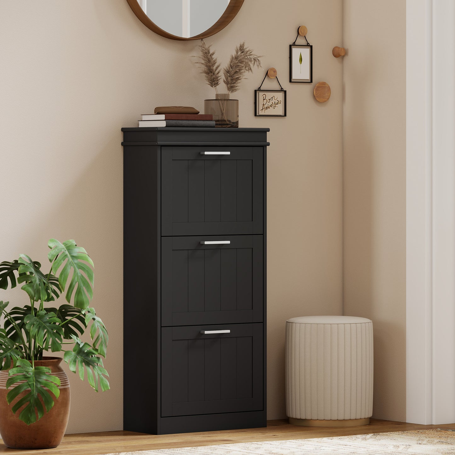 HOMCOM Narrow Three Drawer Minimalistic Shoe Cabinet Black With Adjustable Shelves Fits 15 Pairs