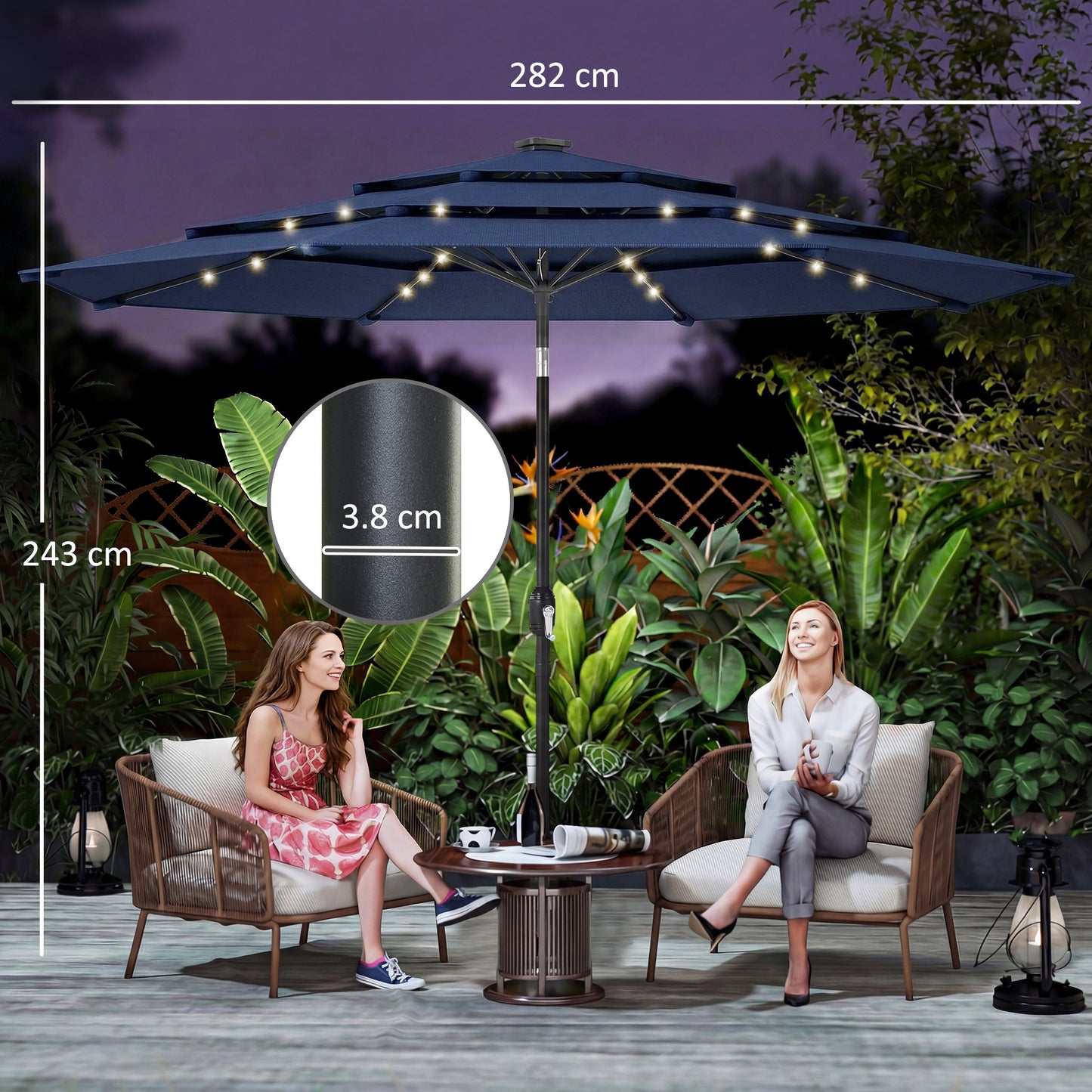 Outsunny 2 8 M Garden Parasol Umbrella With LED Solar Light Parasol Cover Navy Blue 3 Tier Outdoor Table Market Patio