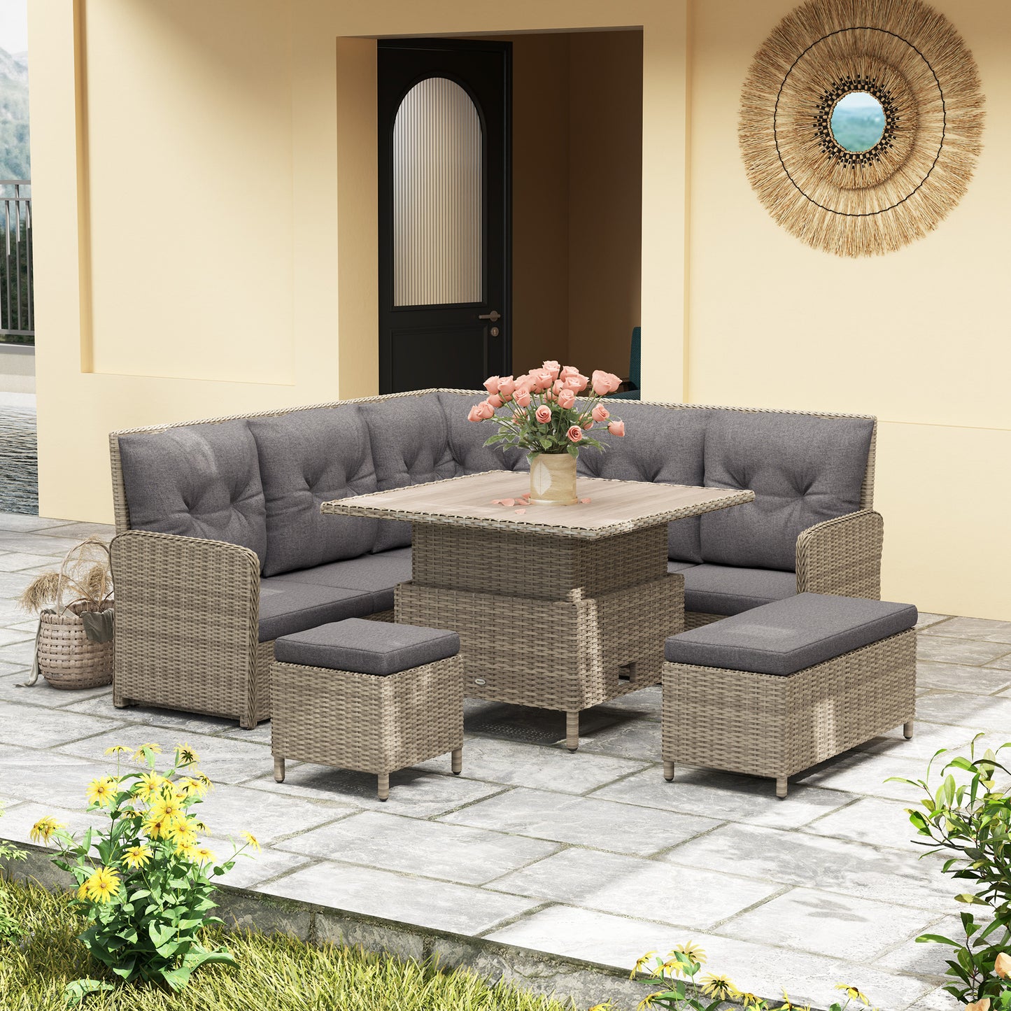 Outsunny 6 Outdoor PE Rattan Garden Furniture Set Patio Wicker Sectional Sofa With Liftable Coffee Table Light Grey