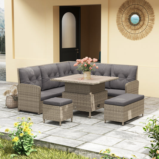 Outsunny 6 Outdoor PE Rattan Garden Furniture Set Patio Wicker Sectional Sofa With Liftable Coffee Table Light Grey