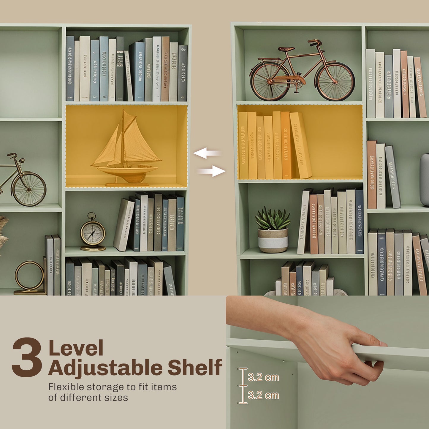 HOMCOM Six Tier Bookcase With Open Storage And Anti Tipping Hardware Adjustable Shelves In Light Green