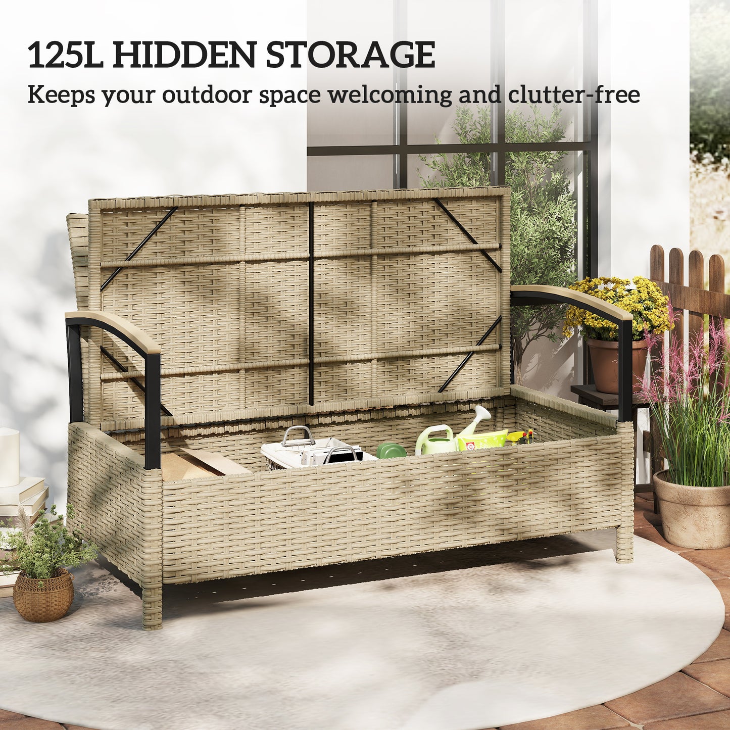 Outsunny 125L Garden Storage Bench Two Seater PE Rattan Outdoor Storage Box With Padded Cushion Khaki
