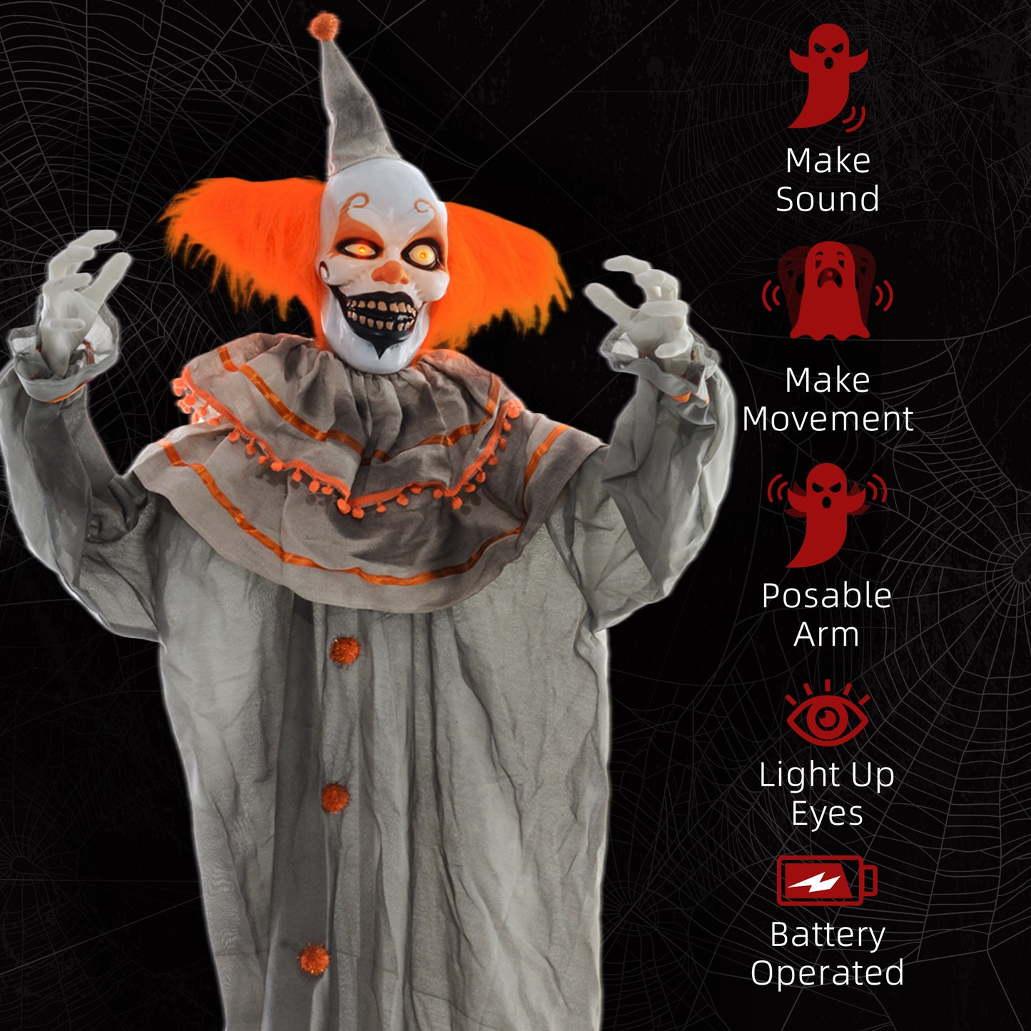 HOMCOM 72" Spooky Orange Clown Animatronic Halloween Decoration with Sound Effects and Glowing Eyes - ALL4U RETAILER LTD