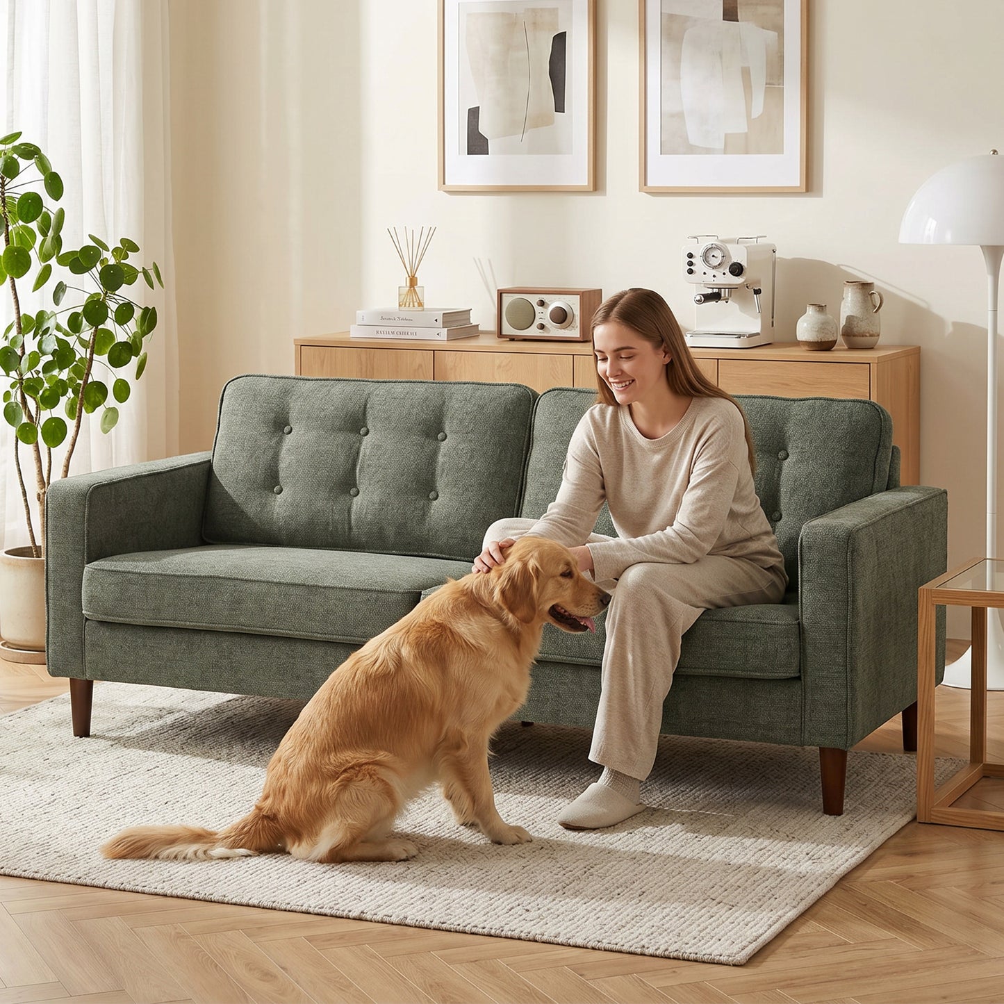 HOMCOM 3 Seater Sofa Button Tufted Velvet Couch With Wood Legs For Living Room Green