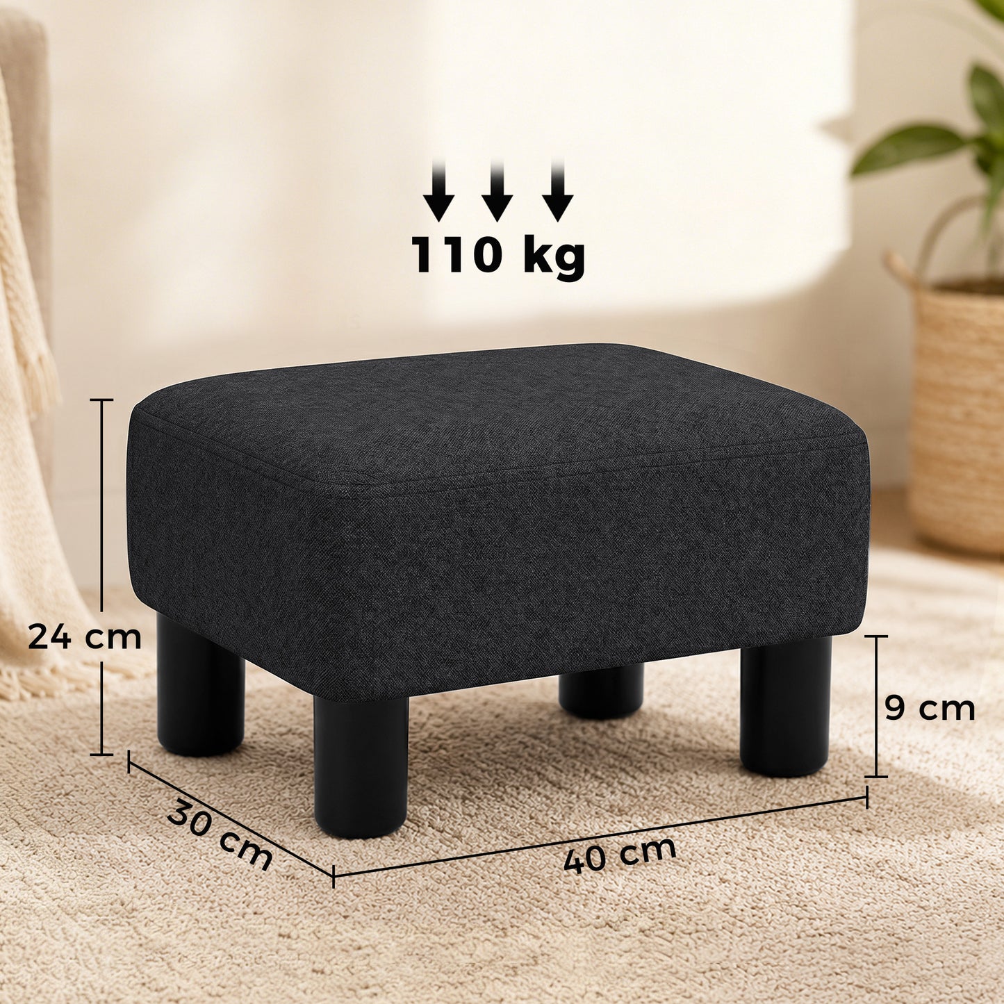 HOMCOM Linen Fabric Footstool Ottoman Cube With Four Plastic Legs Black Padded Seat