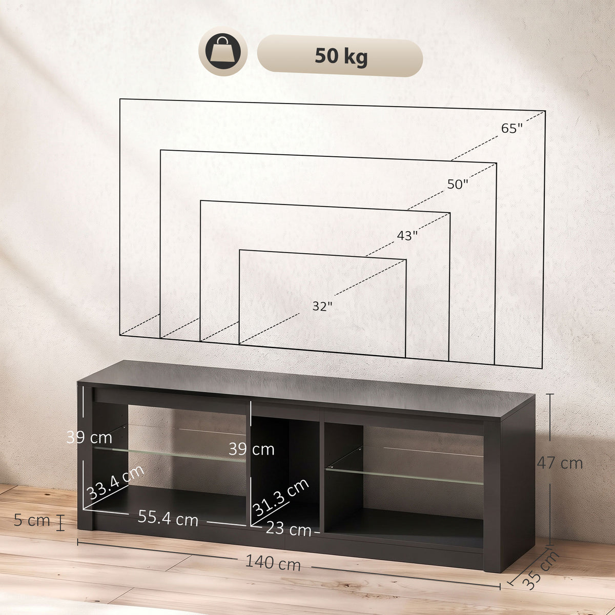 Dark gray TV stand dimensions diagram with 65-inch size indicated