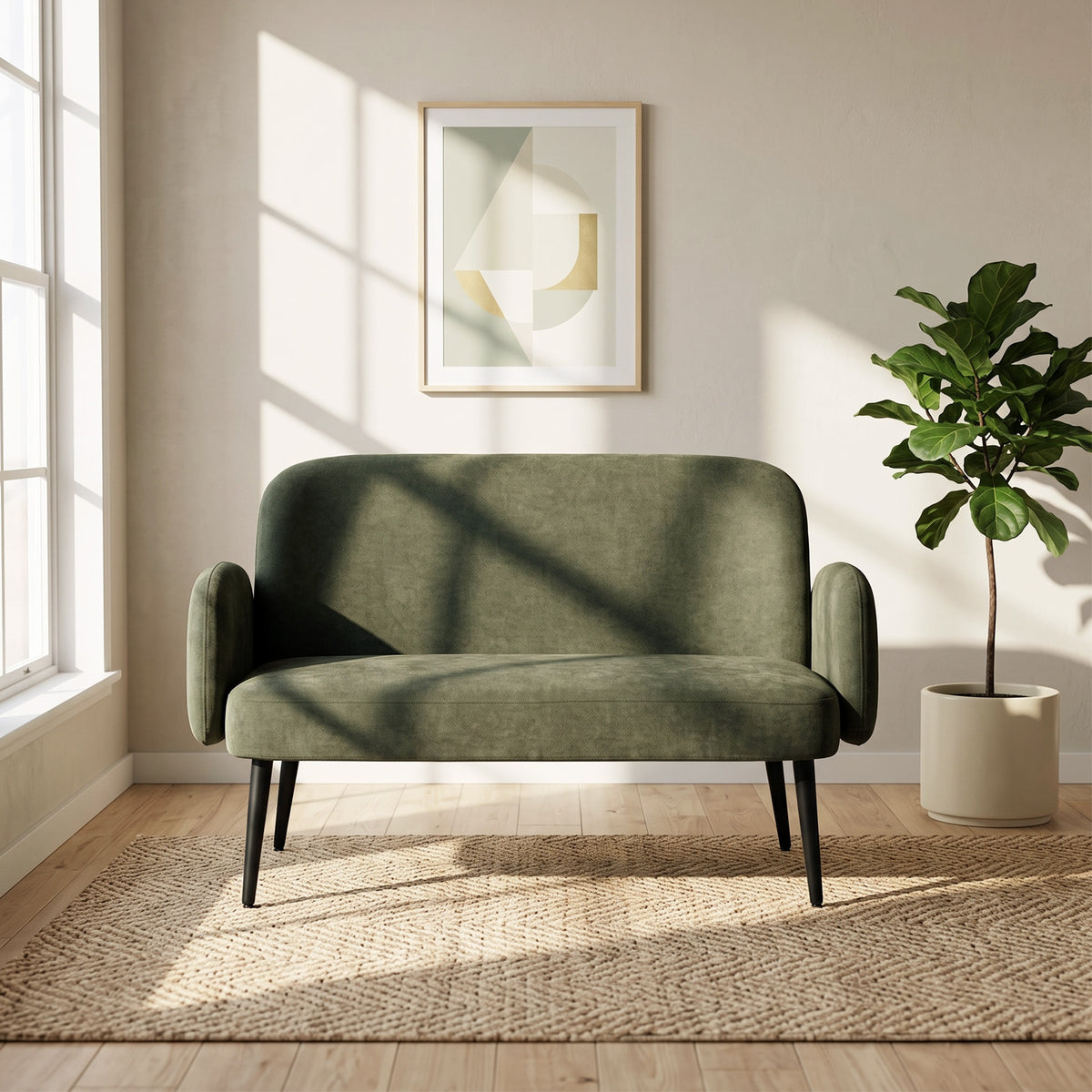 Green velvet 2-seat sofa with rounded back, curved arms, and black metal legs