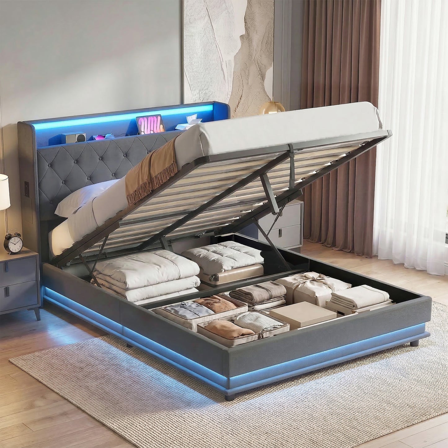 HOMCOM 4ft6 Double Bed Frame With Headboard And Hydraulic Storage LED Lights And USB Charging Station Grey