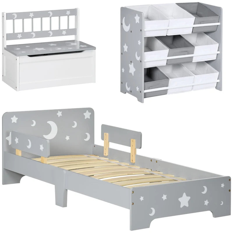 ZONEKIZ 3PCs Kids Bedroom Furniture Set - Bed, Toy Box Bench, Storage Unit with Baskets - Star and Moon Patterns - Ideal for 3-6 Years Old Boys and Girls - Grey - ALL4U RETAILER LTD