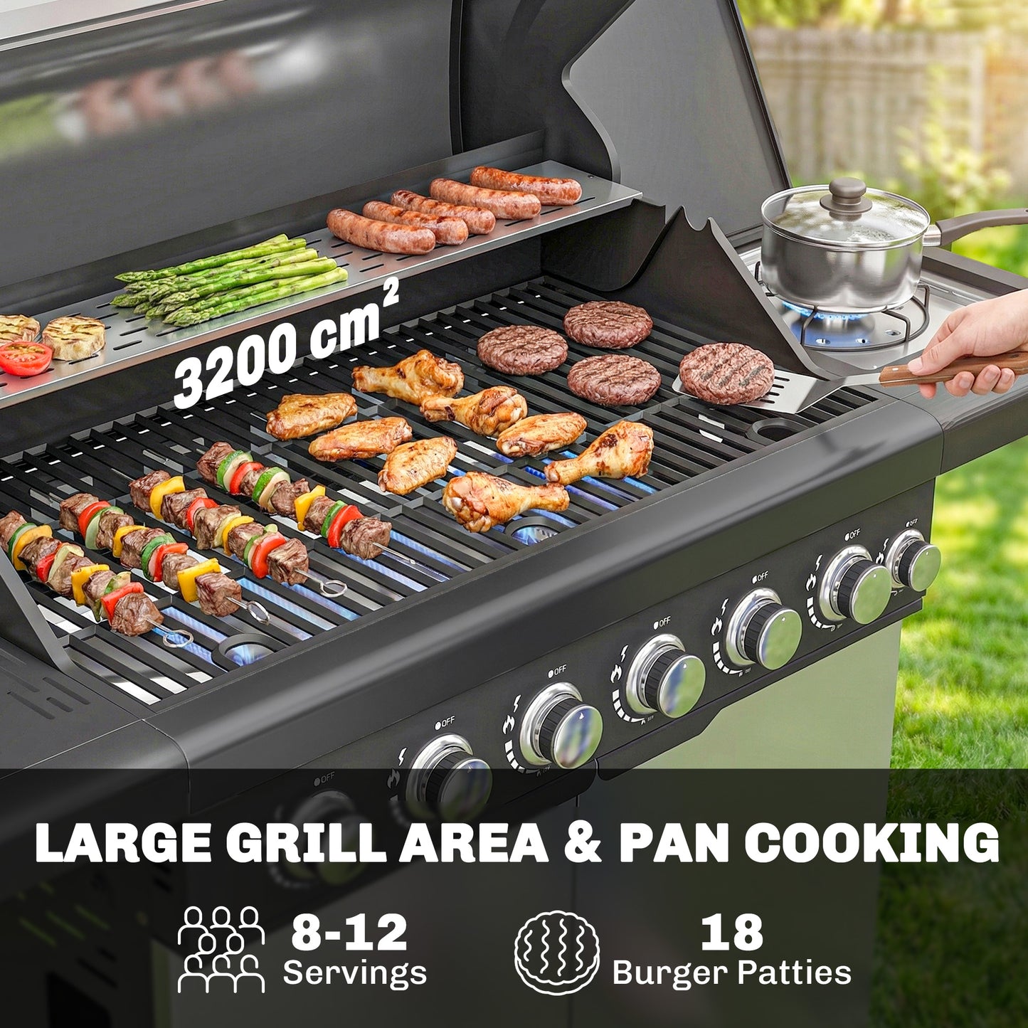 Outsunny Six Plus One Burner Gas BBQ Grill Outdoor Trolley With Wheels Warming Rack Thermometer Bottle Opener Silver