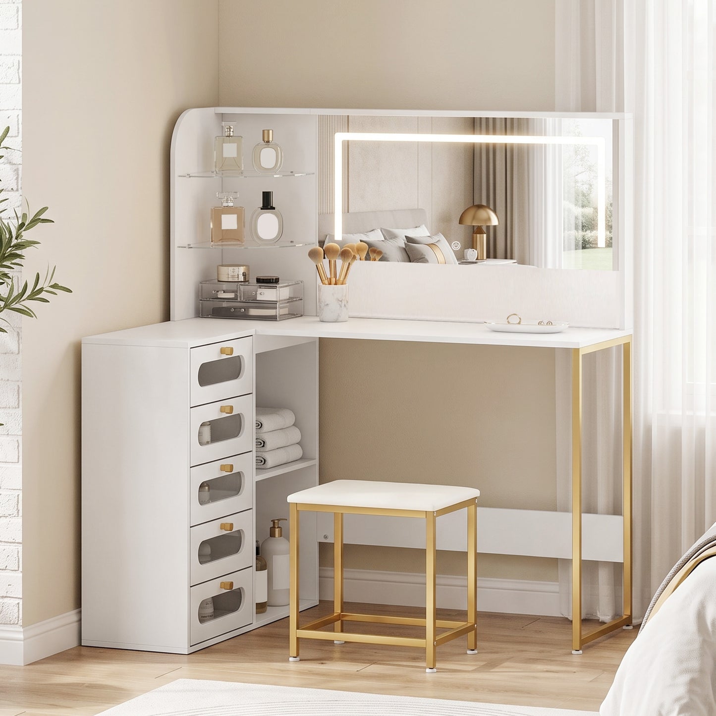HOMCOM Dressing Table With LED Mirror And Stool L Shaped Vanity Desk With Drawers And Shelves In White