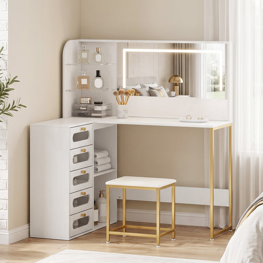 White L-shaped dressing table with LED-lit mirror, drawers, and upholstered stool
