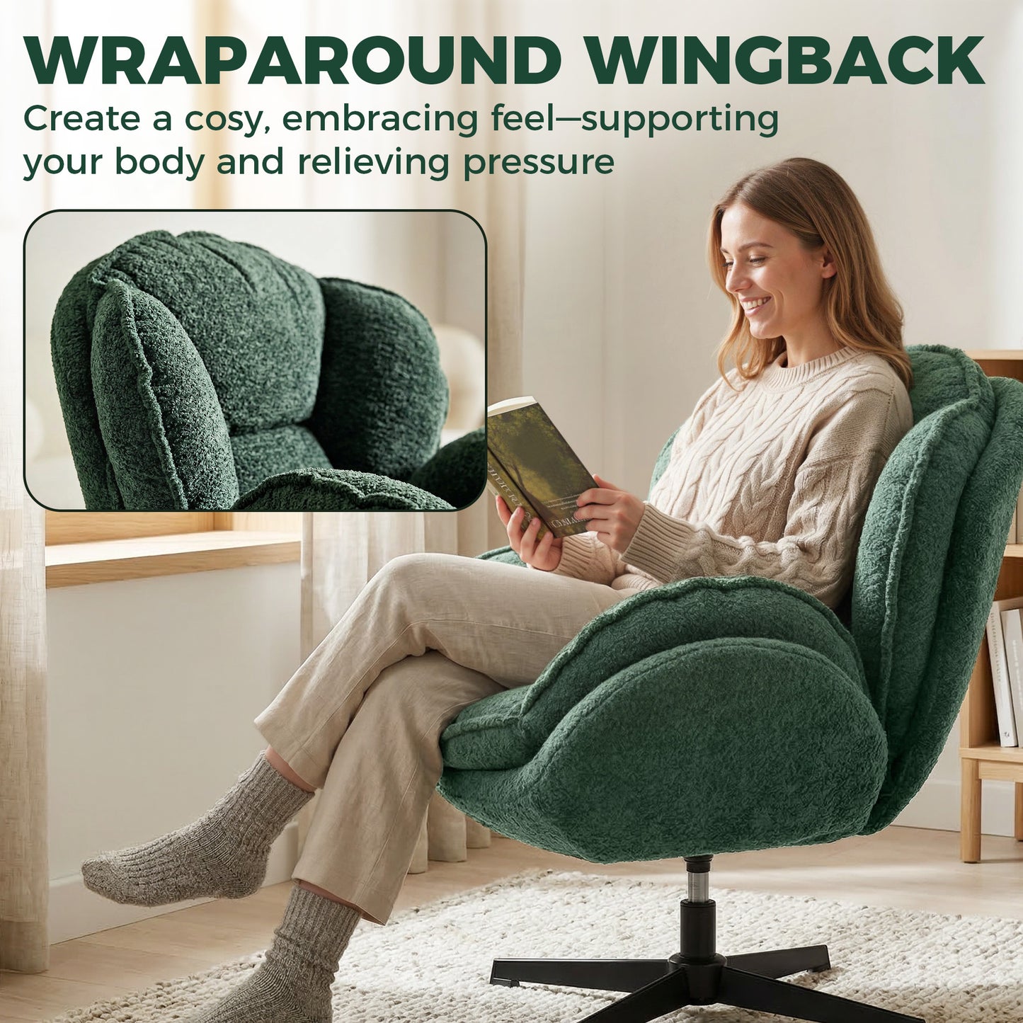 HOMCOM Modern Wingback Velvet Armchair With Swivel And Four Star Base In Dark Green