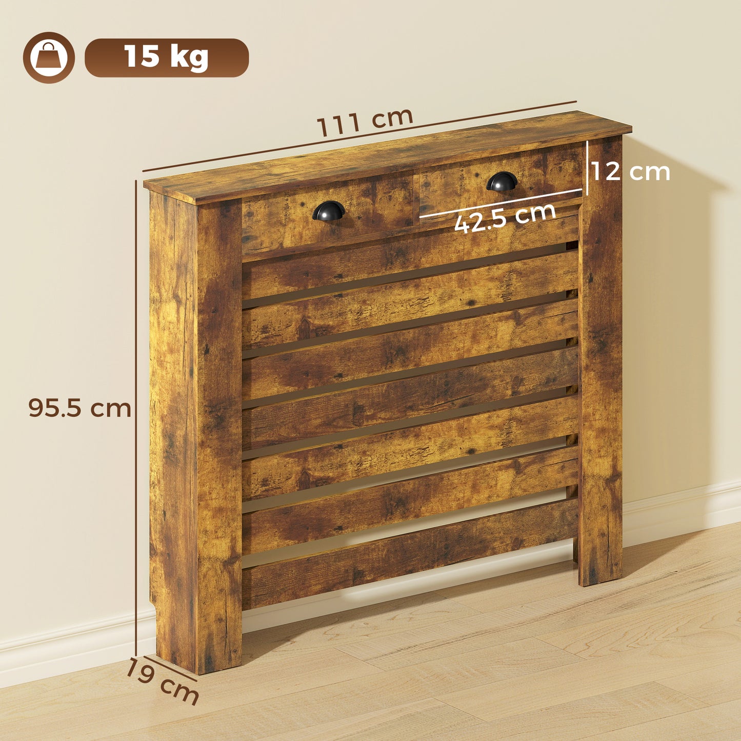 HOMCOM Rustic Brown Radiator Cover With Drawer 95.5 Centimeter High 111 Centimeter Wide Slatted Design
