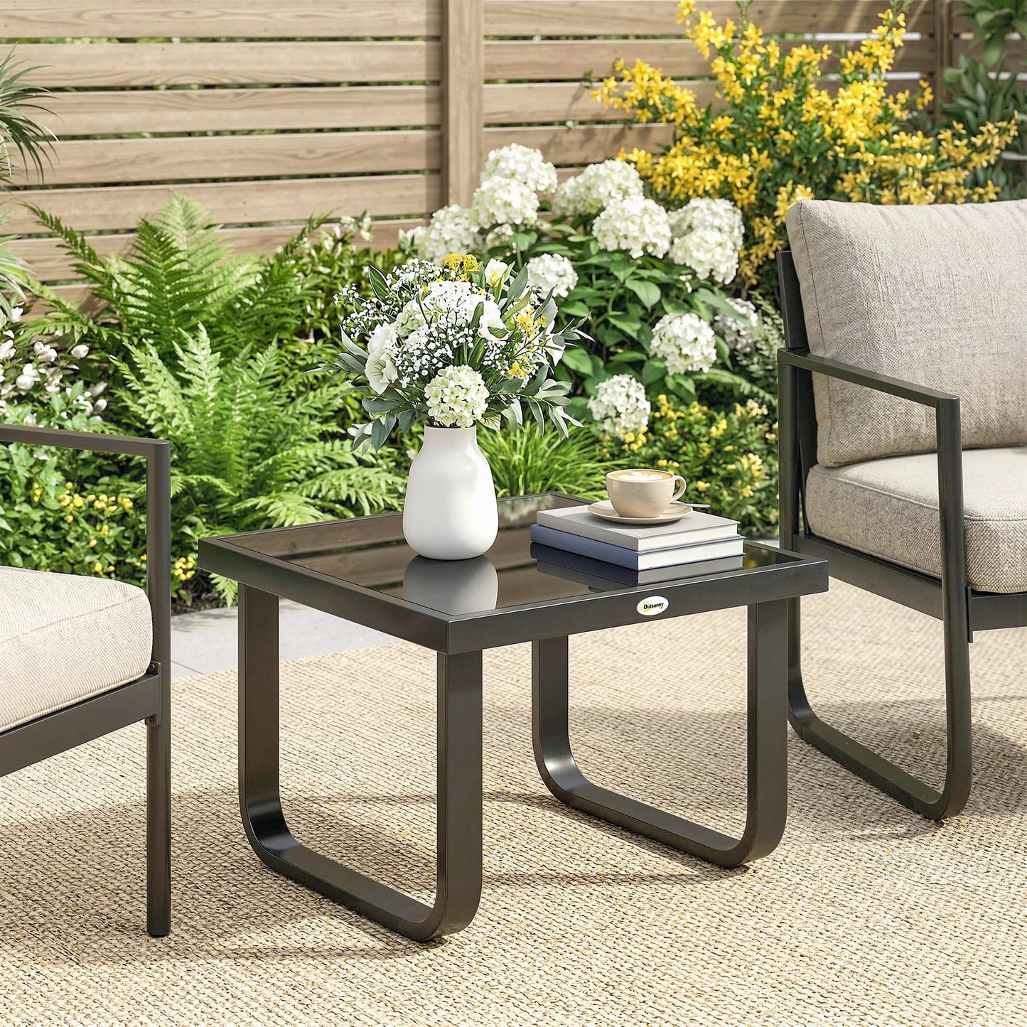 Outsunny Outdoor Garden Coffee Table With Rectangular Tempered Glass Top And Adjustable Foot Pads