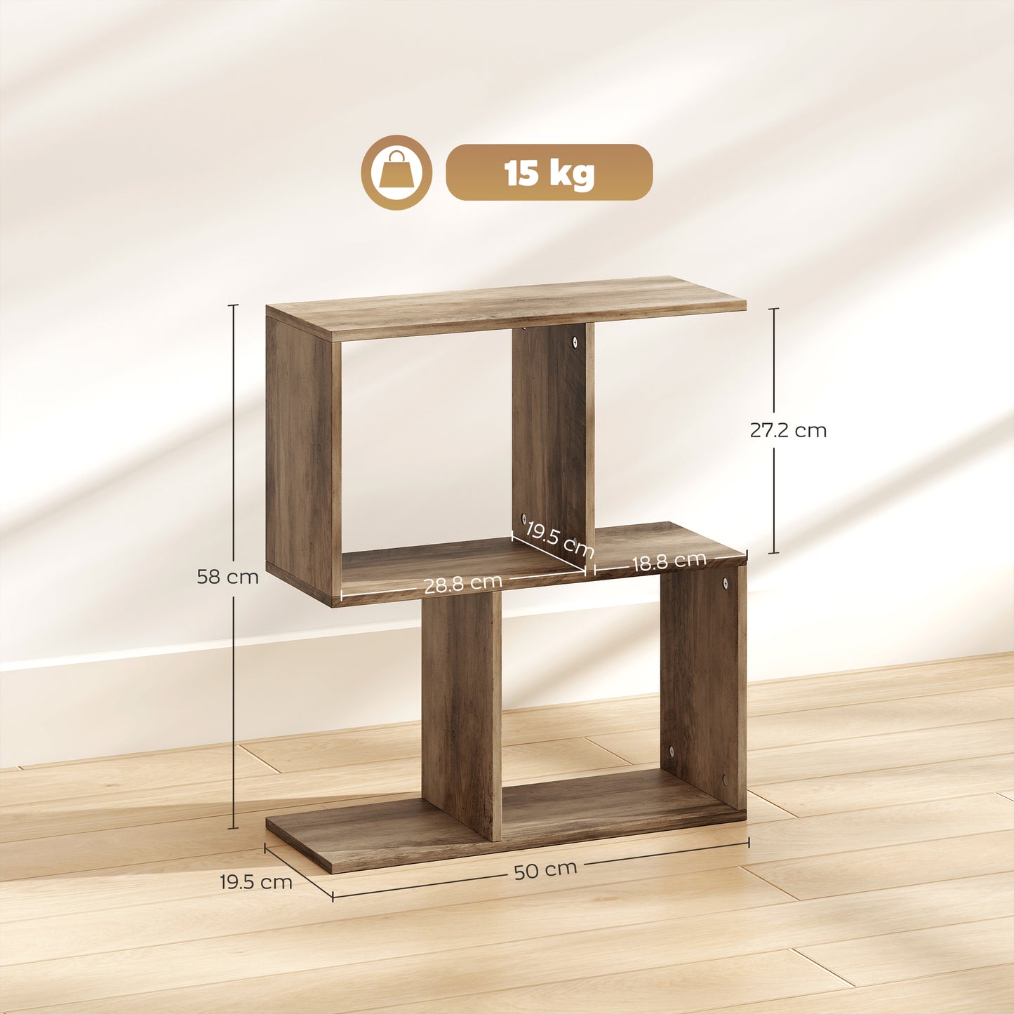 HOMCOM Narrow End Table With Storage Shelves S Shaped 3 Tier Oak Finish 50W X 19.5D X 58H Cm