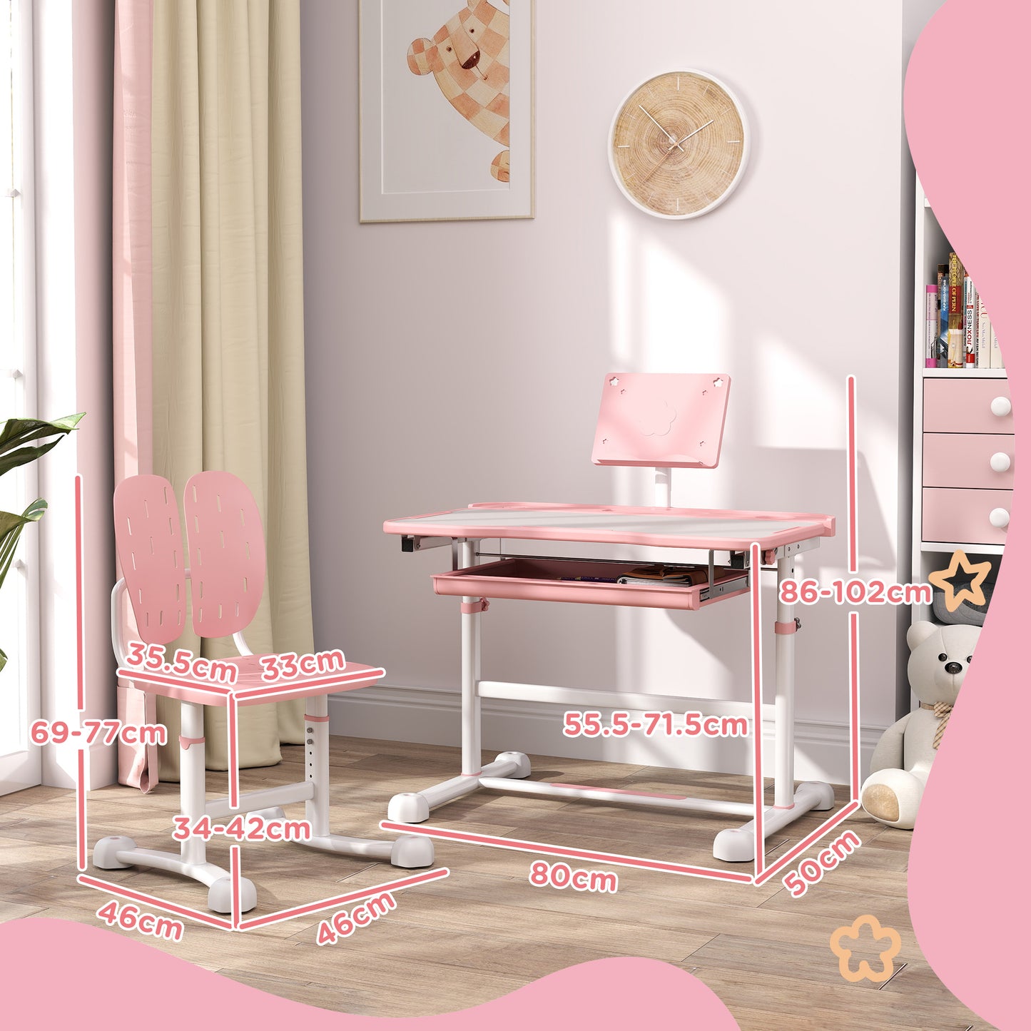 Adjustable Pink Kids Study Desk and Chair Set with Tilted Top for Healthy Posture