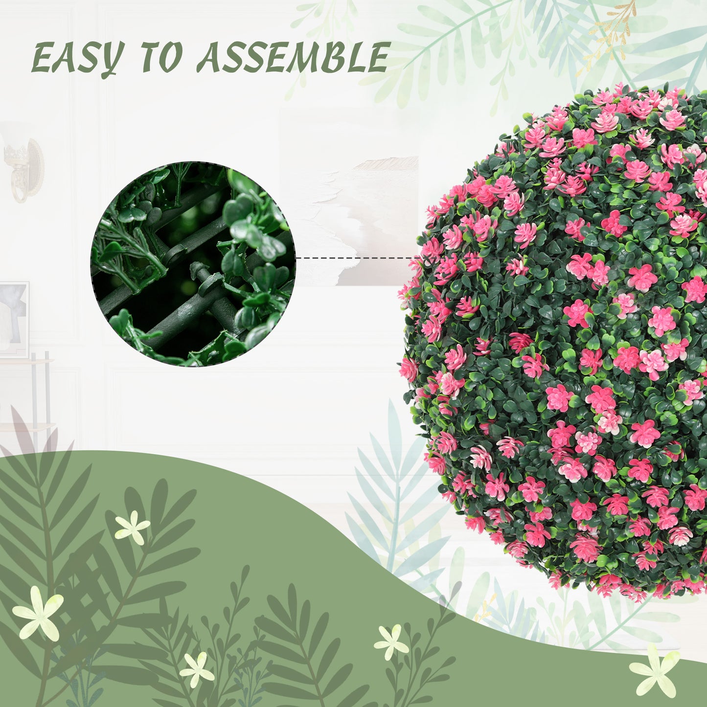 HOMCOM Set Of Two Pink Artificial Boxwood Balls For Home Decor Durable Plastic Indoor Outdoor Plants