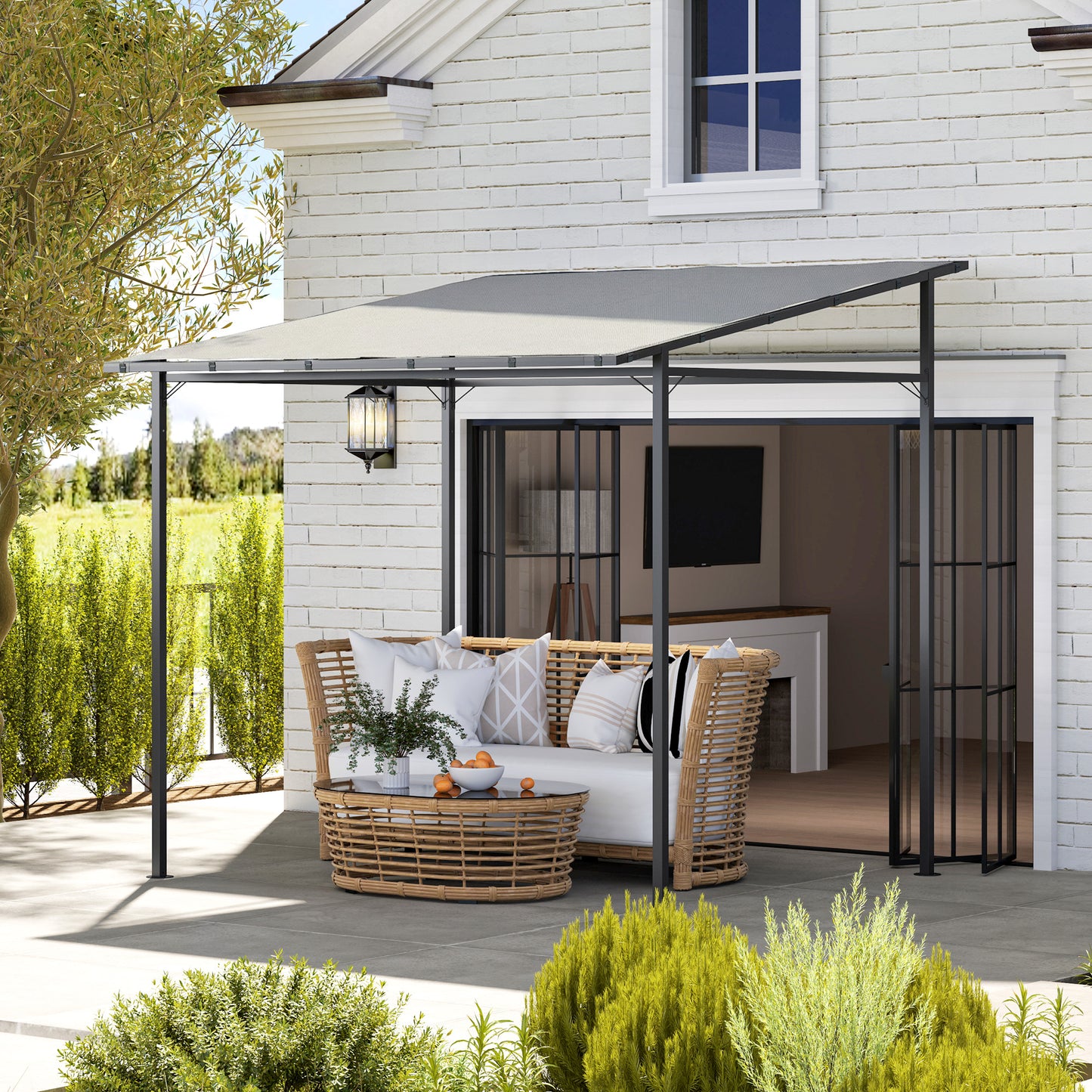 Outsunny 2.4 by 2.4 m Wall Mounted Pergola Gazebo with PA Coated Fabric and UPF 30 Metal Frame Lean To Light Grey