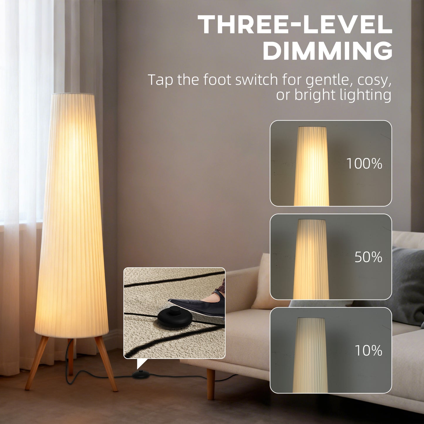 HOMCOM Dimmable Tripod Floor Lamp With Foot Switch Nordic Standing Lamp With Fabric Shade 153 Cm White And Natural