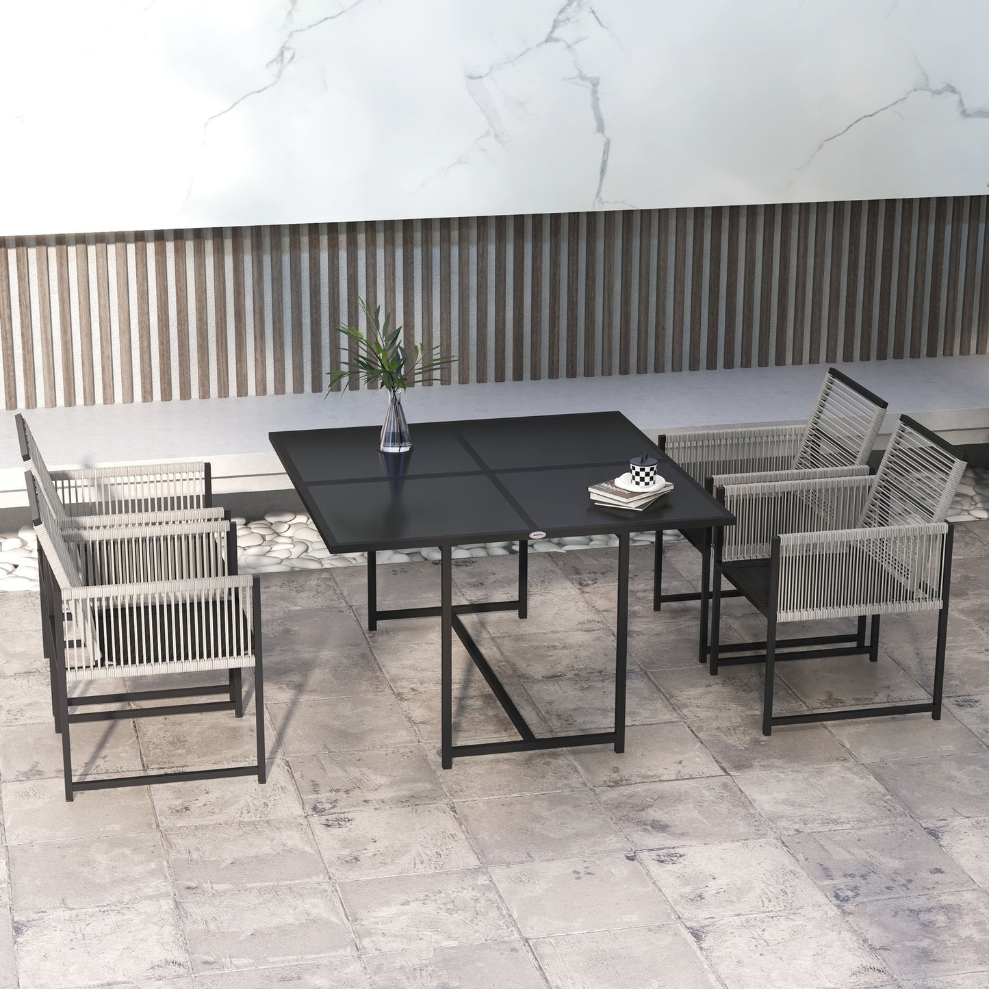 Outsunny Five Piece Metal Outdoor Dining Set With Folding Back Chairs Light Grey