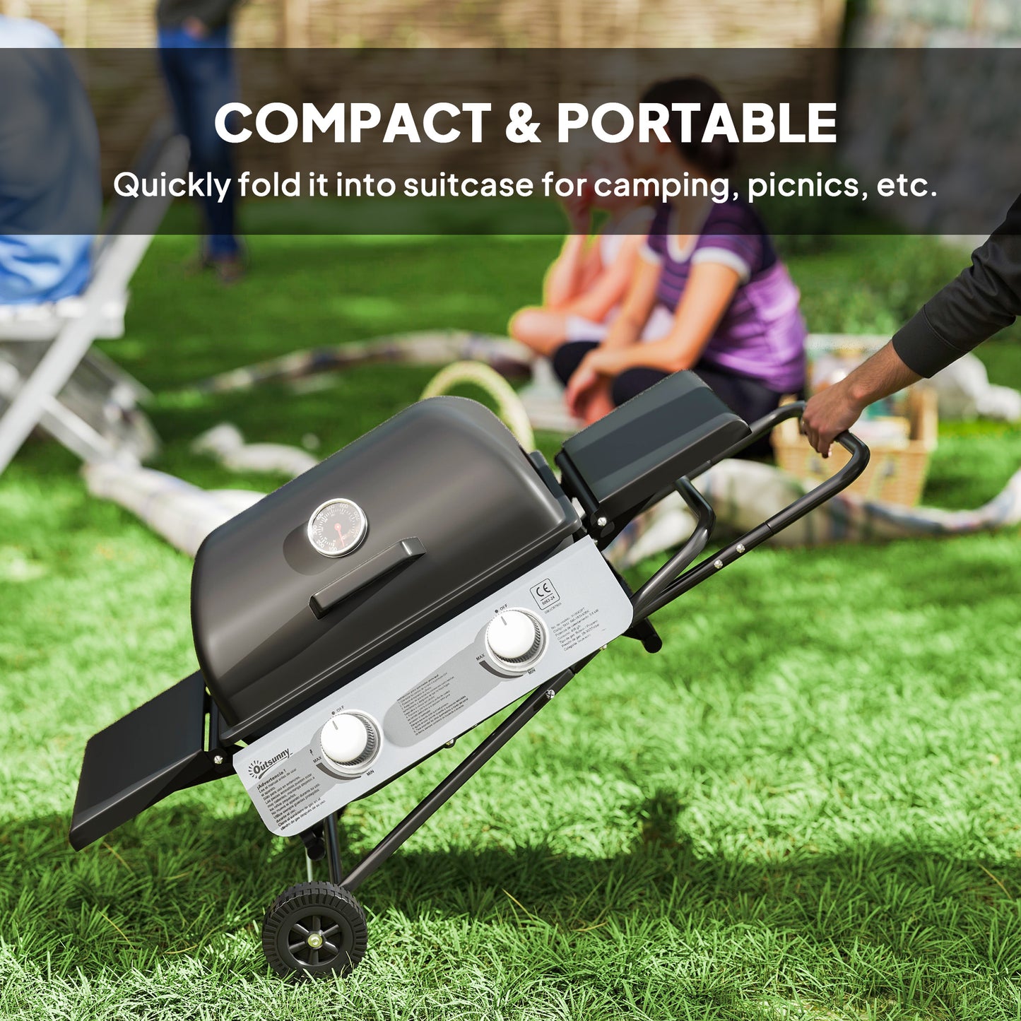 Outsunny Two Burner Portable Suitcase Gas Grill With Piezo Ignition And Side Tables Black