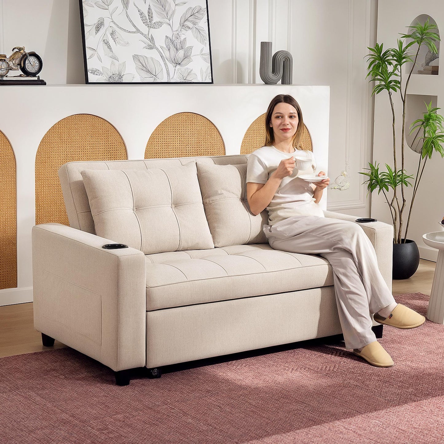 HOMCOM Two Seater Pull Out Sofa Bed Beige For Living Room Convertible Sofa Bed With High Density Foam