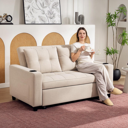 HOMCOM Two Seater Pull Out Sofa Bed Beige For Living Room Convertible Sofa Bed With High Density Foam