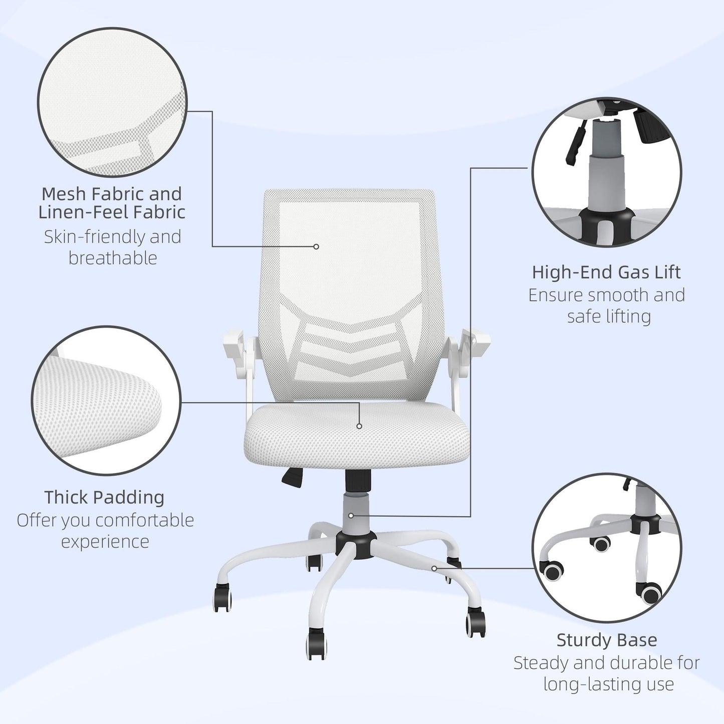 Vinsetto Mesh Office Chair, Computer Desk Chair with Flip-up Armrests, Lumbar Back Support and Swivel Wheels, White - ALL4U RETAILER LTD