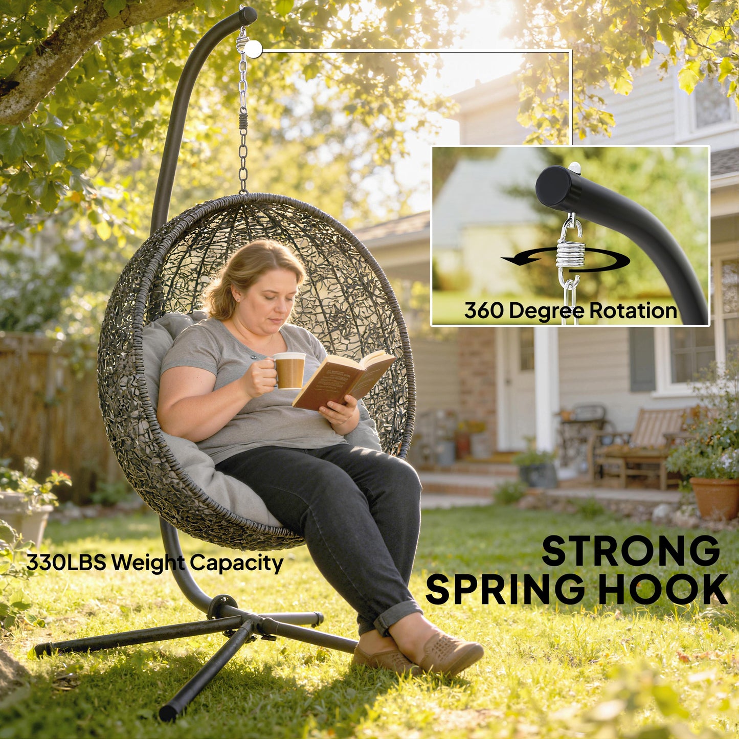 Outsunny Hanging Egg Chair Stand With Chain C Stand For Hammock Chair Adjustable 13 cm Height Heavy Duty Steel Black
