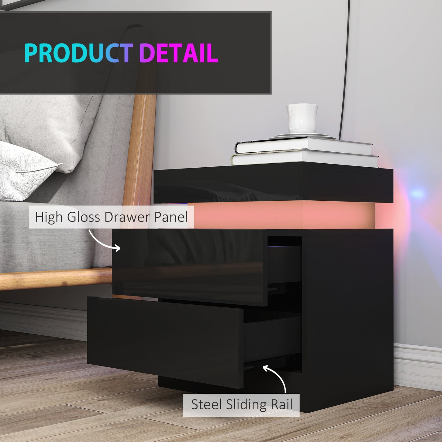 HOMCOM Black LED Bedside Table Set Of 2 With Color Changing Light High Gloss Front Nightstands With Two Drawers