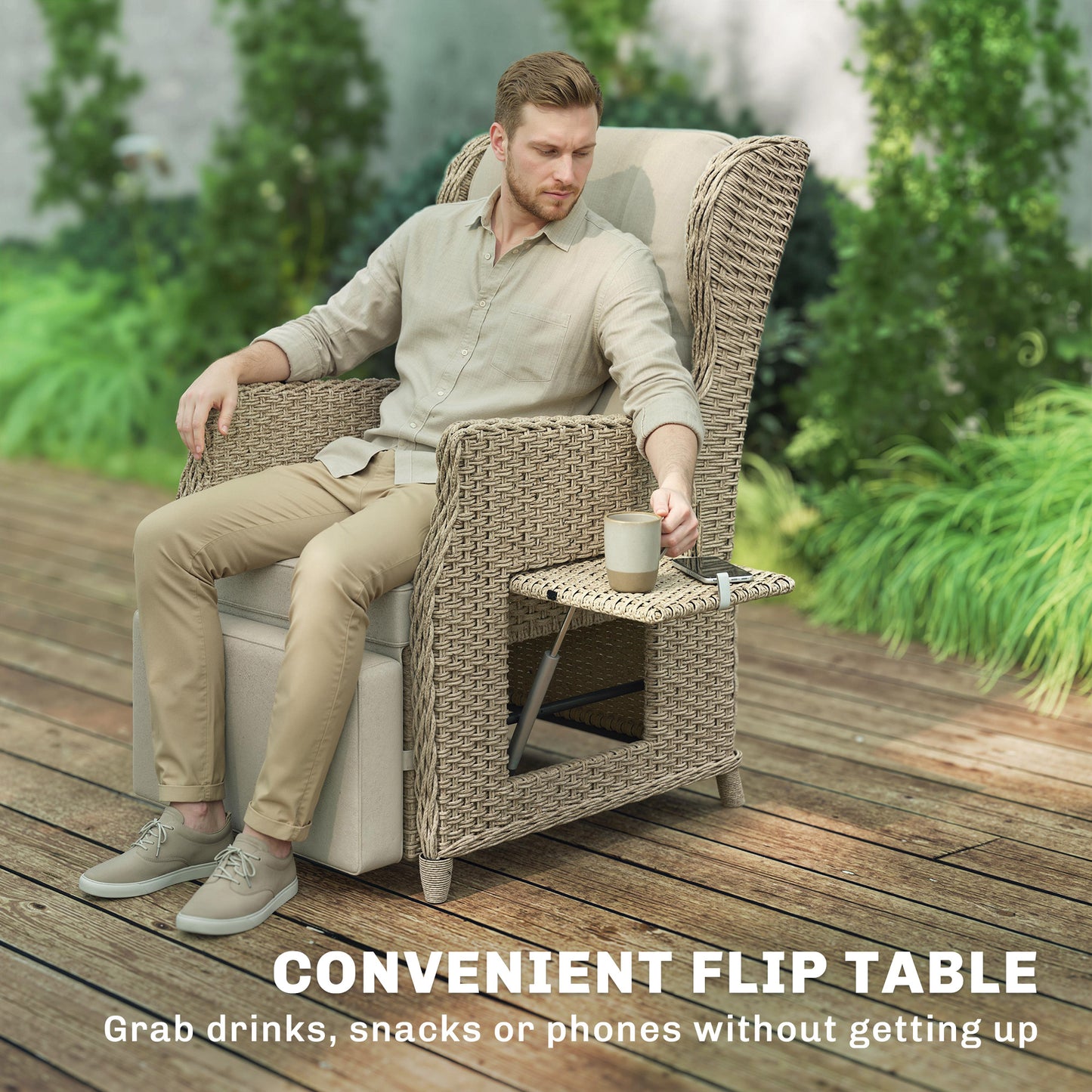 Outsunny Rattan Garden Recliner Chair With Adjustable Back And Footrest Flip Table And Cushion Brown