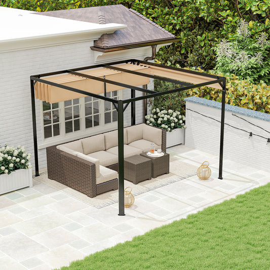 Outsunny 3 x 3m Aluminium Pergola With Retractable Roof And Side Panel Khaki Outdoor Shelter For Garden