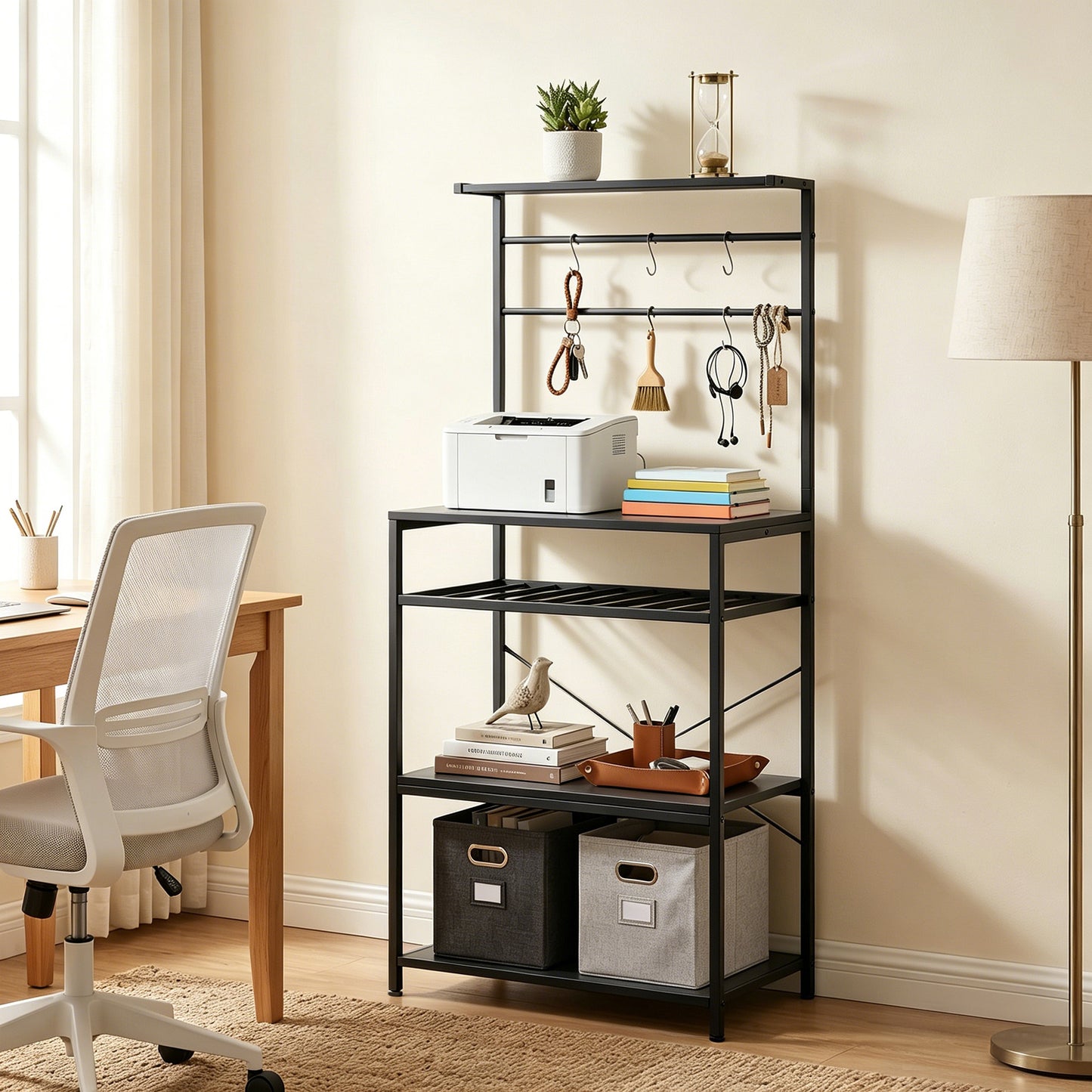 HOMCOM Freestanding Shelving Unit With Wine Rack And Six Hooks For Living Room Five Tier X Frame Design Black