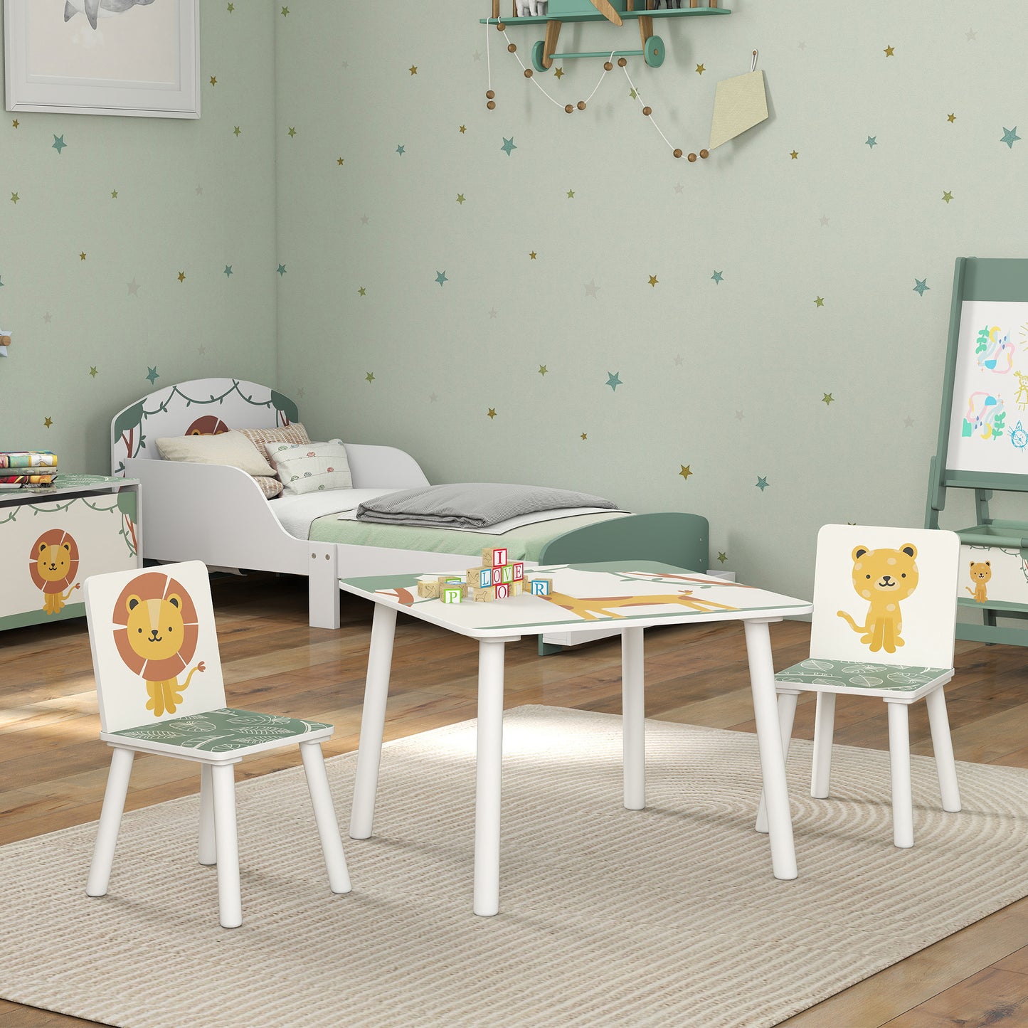 AIYAPLAY 3 Piece Toddler Table and Chair Set with 2 Chairs Green Animal Print Safe Edges for Playroom