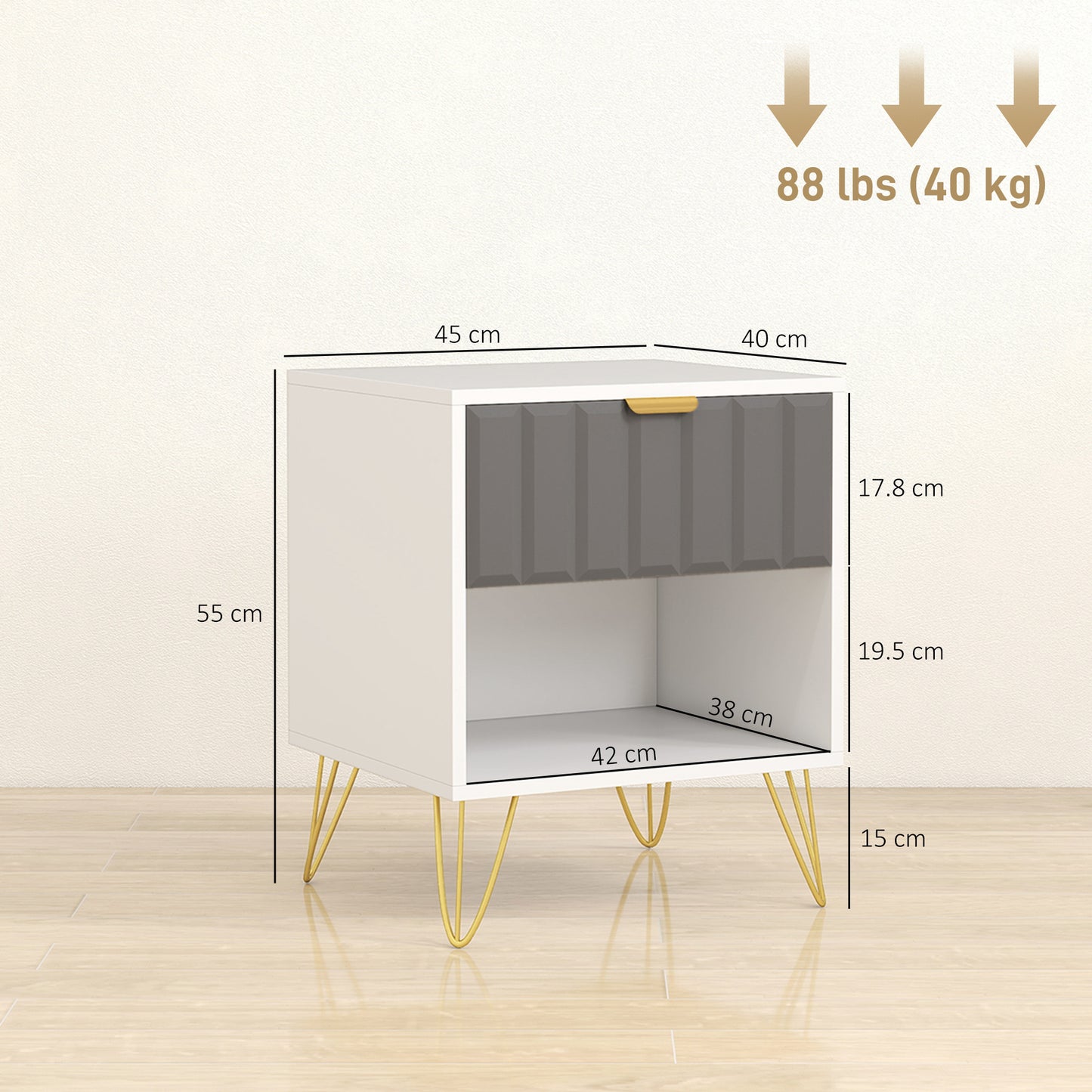 HOMCOM White Bedside Table With Drawer And Open Shelf Cabinet Modern Nightstand 45 x 40 x 55 cm