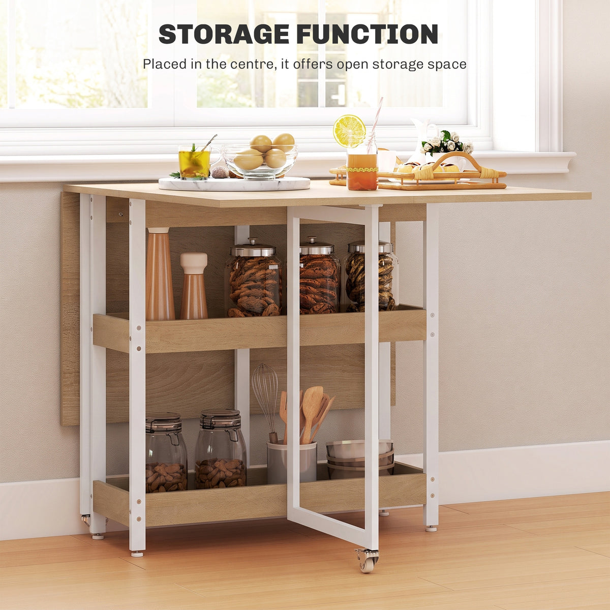Light wood drop-leaf dining table with open storage shelves and white metal frame