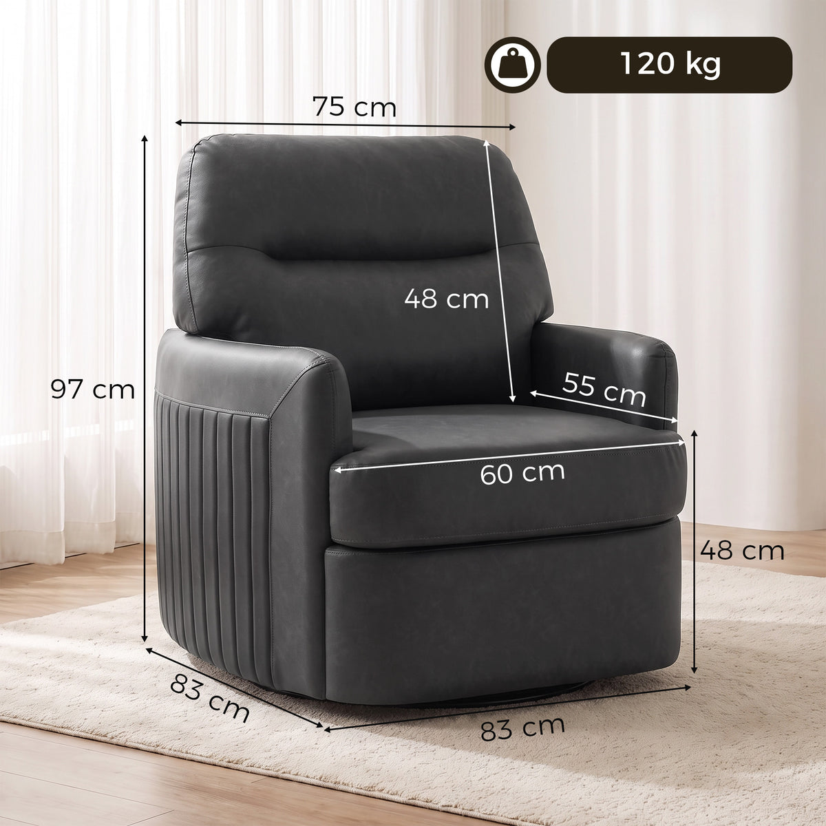 Dark grey PU leather swivel accent chair, single-seat lounge with rounded back
