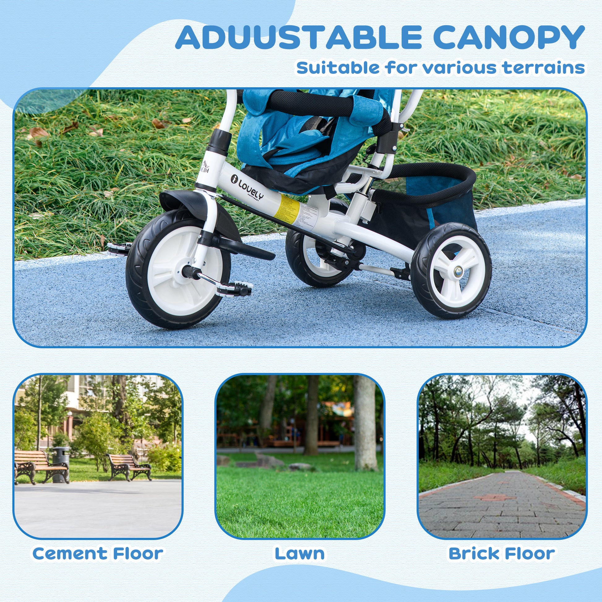 HOMCOM 4-in-1 Adjustable Toddler Tricycle with Canopy, Safety Belt, and Parent Handle for Ages 1-5 - Blue - ALL4U RETAILER LTD