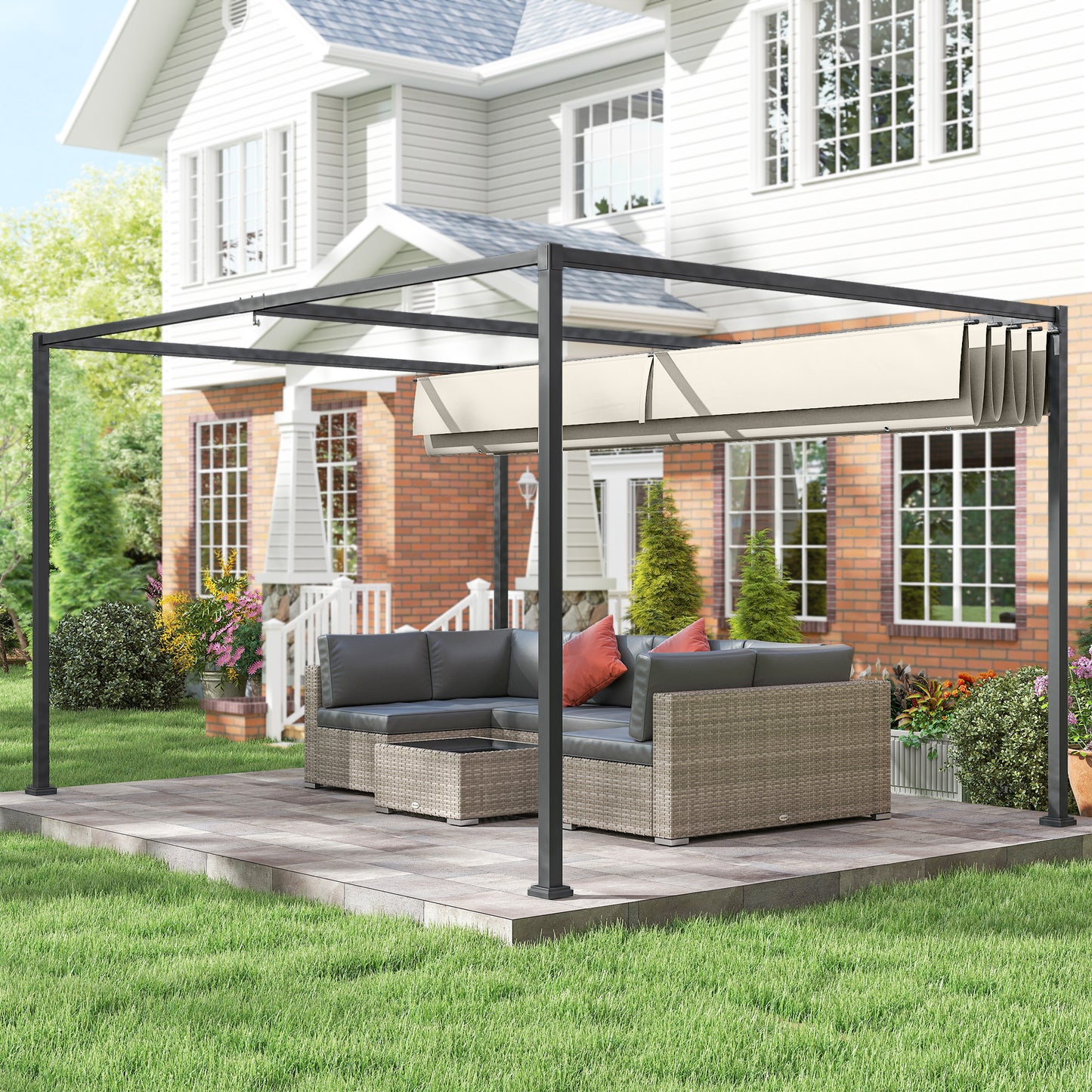 Outsunny 3x2m Metal Pergola With Retractable Roof Garden Gazebo Canopy Shelter For Outdoor Patio Cream White