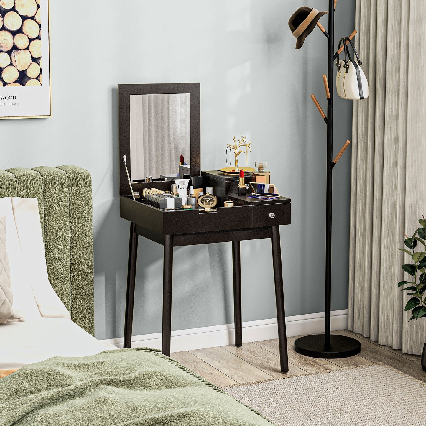 HOMCOM Dressing Table With Flip Up Mirror Two Drawers Pine Wood Legs Vanity Desk For Bedroom And Living Room Black