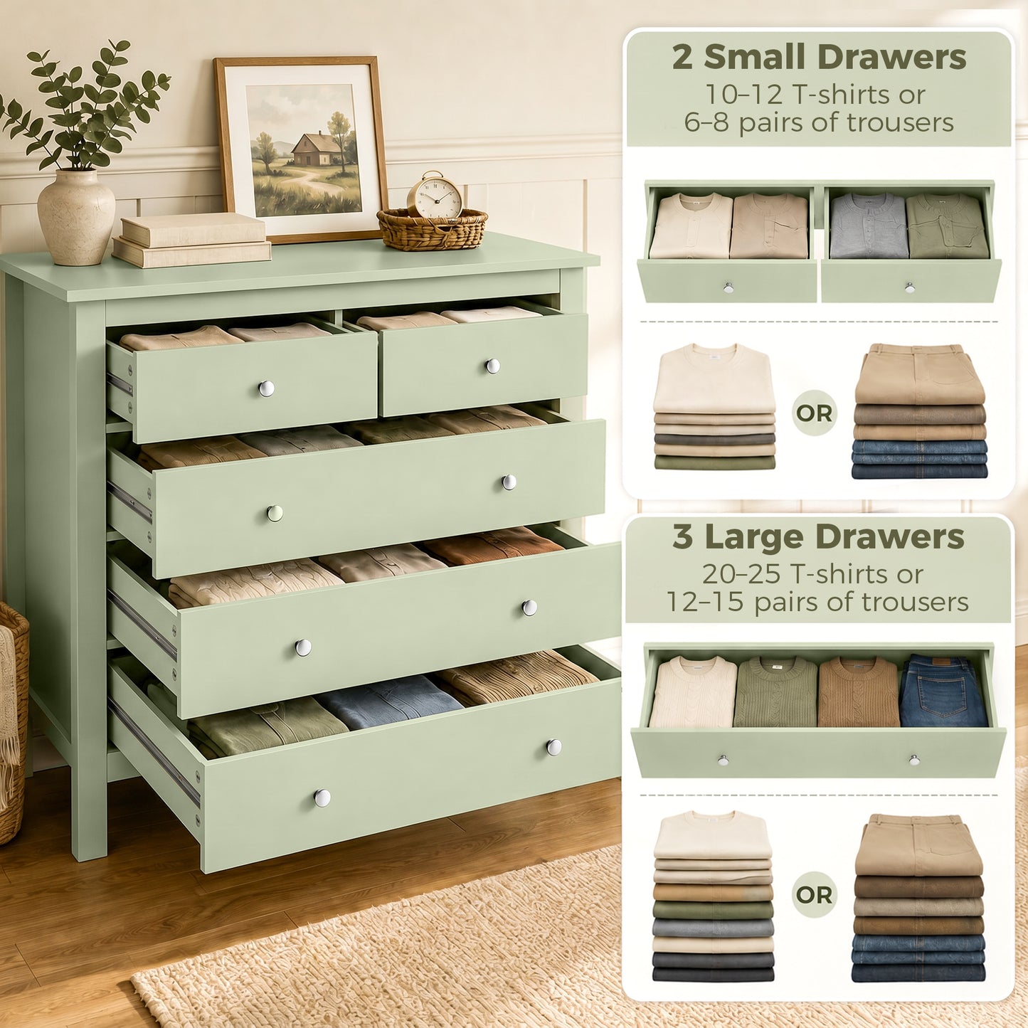 HOMCOM 5 Drawer Dresser Sage Green Modern Chest Of Drawers Wide Storage Unit For Bedroom Living Room Hallway