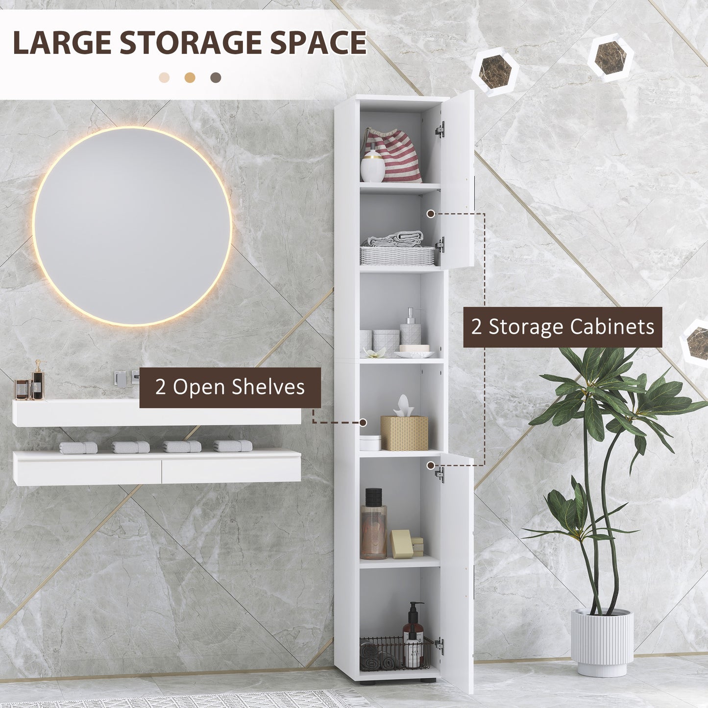 Kleankin Line Embossed Tall Corner Slim Bathroom Storage Cabinet White Finish Fits Narrow Spaces