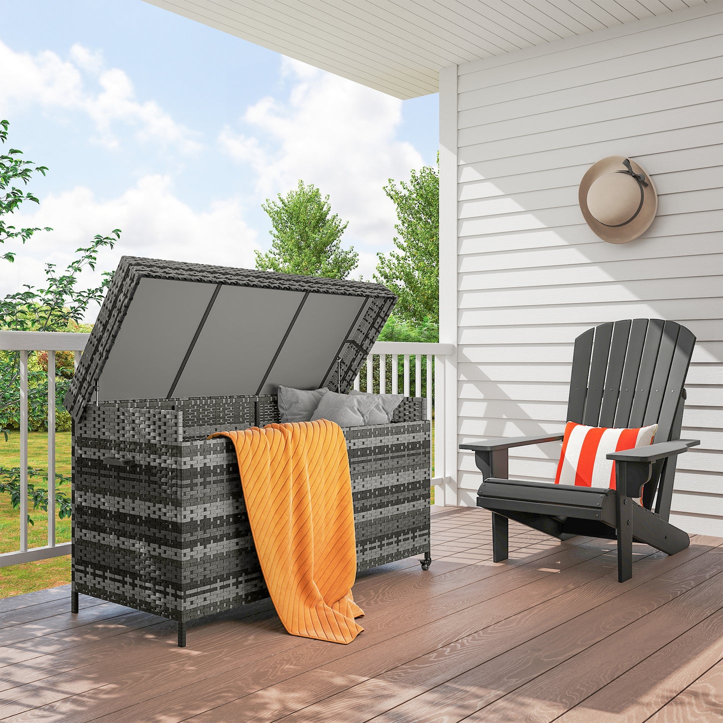 Outsunny 627 L Rattan Storage Box With Gas Strut Lift For Garden Outdoor Dark Grey