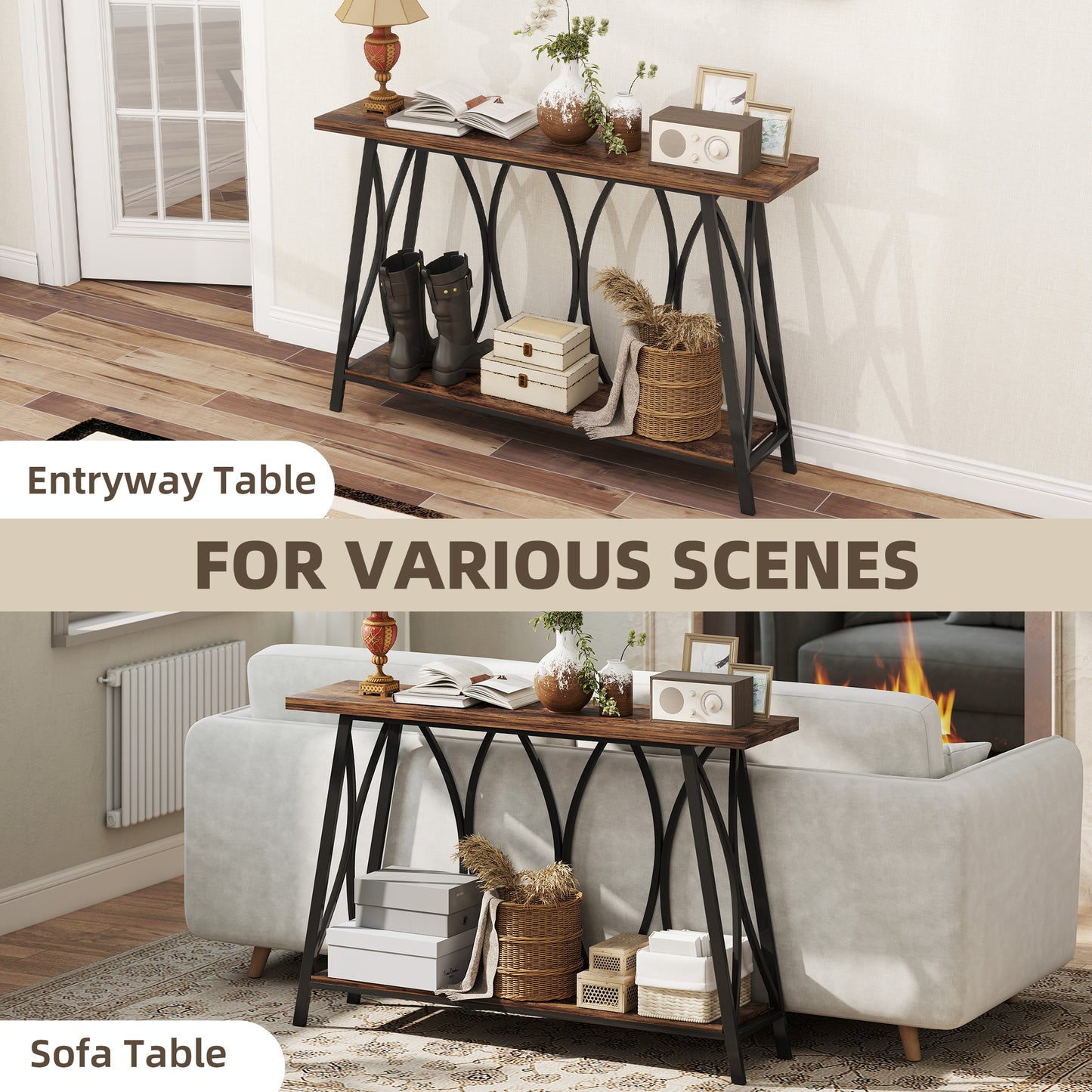 HOMCOM Narrow Console Table Industrial 2 Tier Sofa Table With Metal Frame Entryway Living Room 120x30x80 cm Rustic Brown