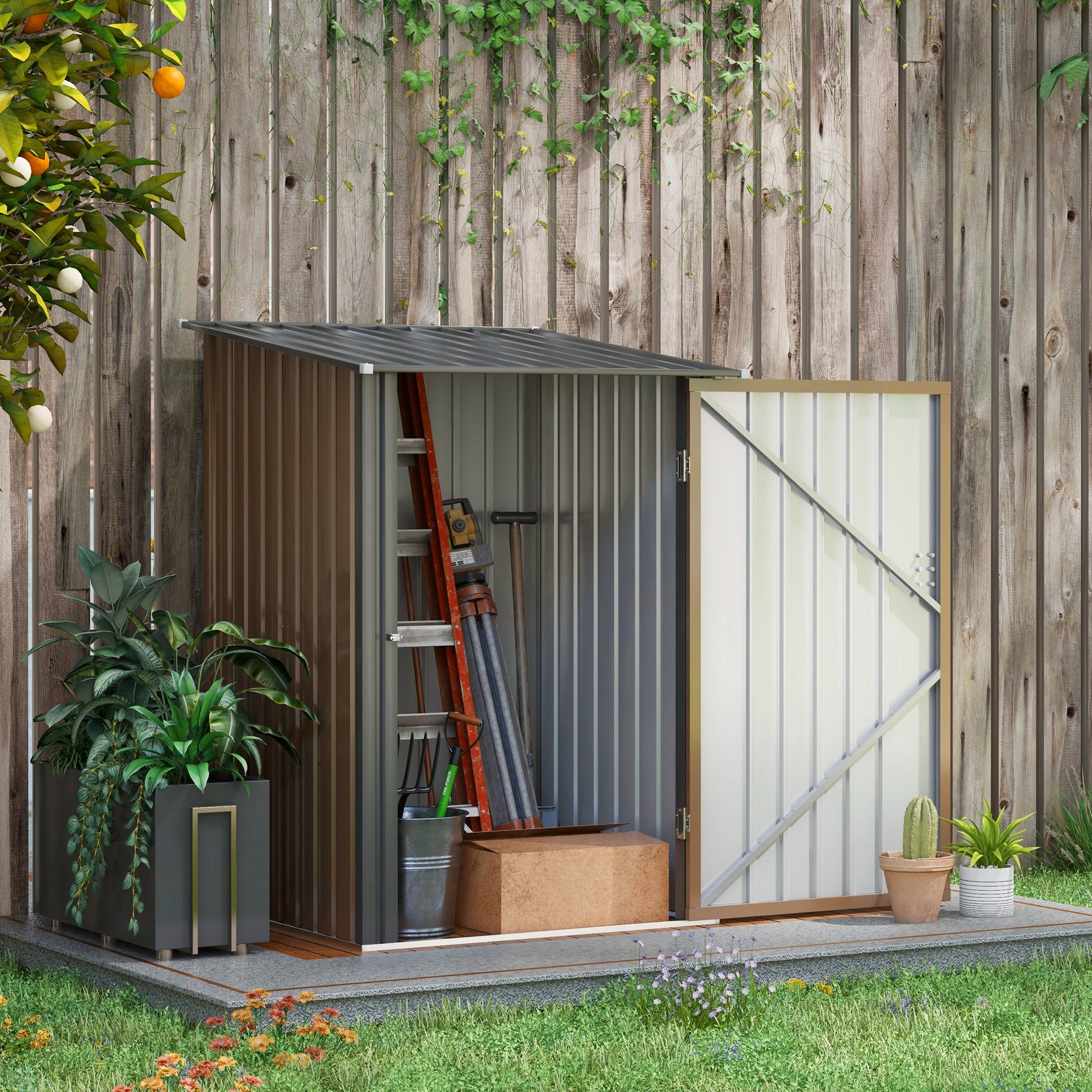 Outsunny 3.3ft x 3.4ft Metal Lean-to Garden Storage Shed with Lockable Door, Outdoor Tool Organizer, Brown - ALL4U RETAILER LTD