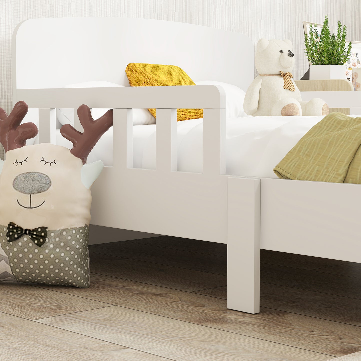 AIYAPLAY Toddler Bed for Kids with Safety Rails White Finish Low Profile Bed Frame Ages 3 to 8