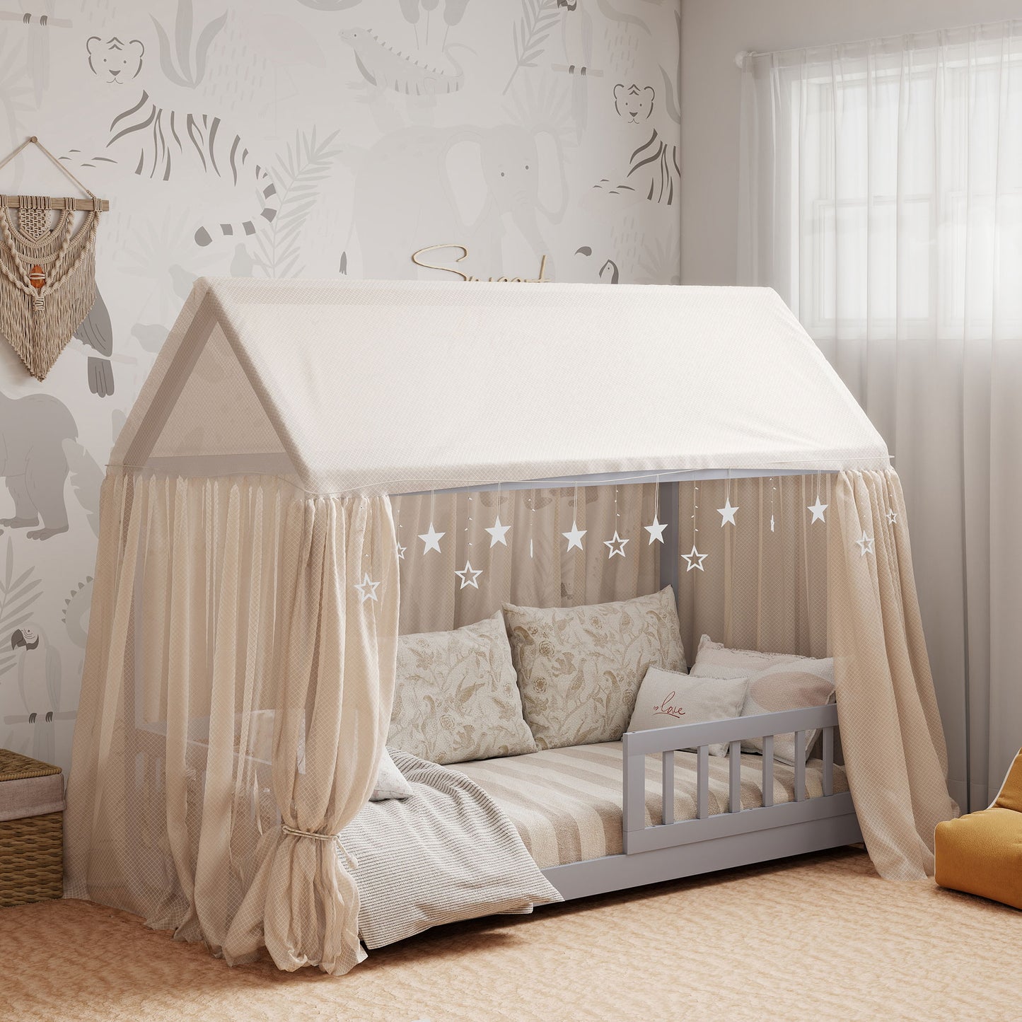 HOMCOM House Shaped Kids Bed Frame With Guard Rails Solid Pine Wood Single Bed Frame For Kids Boys And Girls Grey