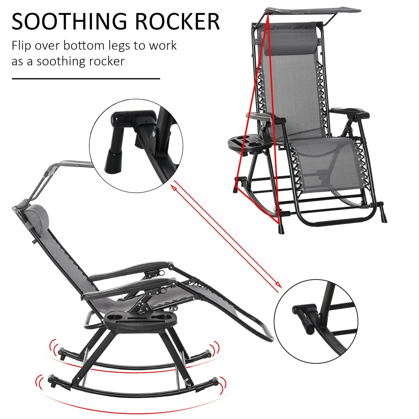 Outsunny Grey Outdoor Rocking Chair with Adjustable Sun Lounger - ALL4U RETAILER LTD